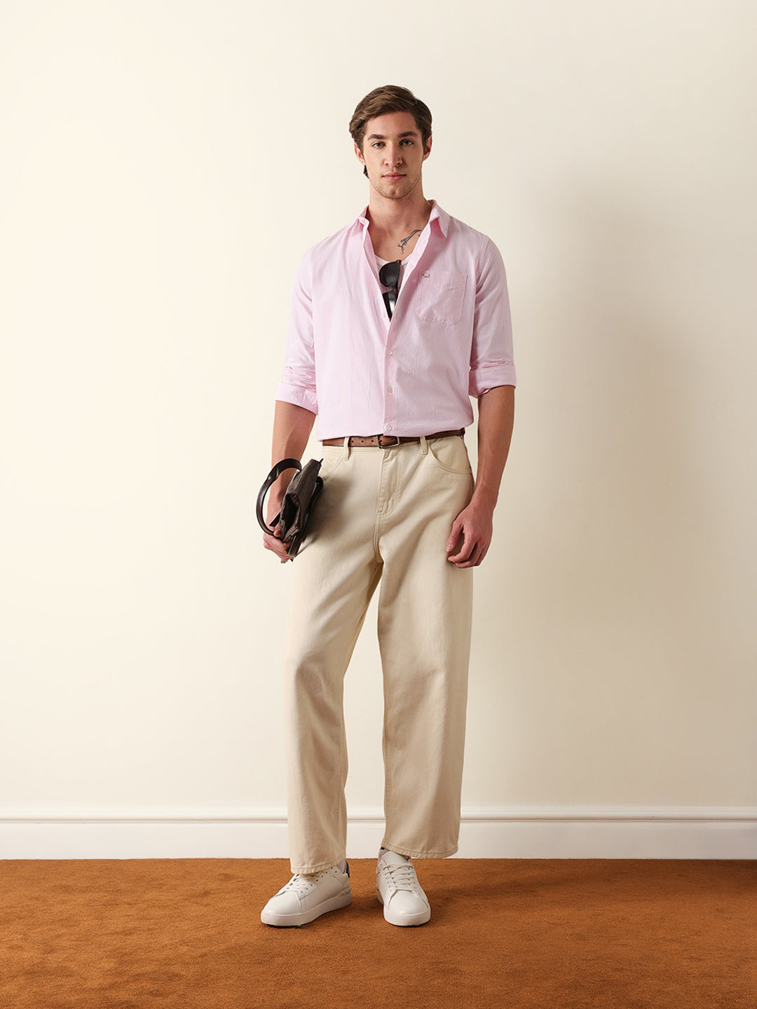Pink & White Vertical Woven Pinstriped Slim Fit Casual Shirt