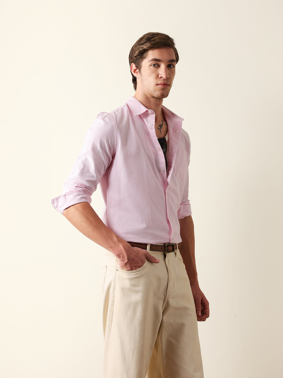Pink & White Vertical Woven Pinstriped Slim Fit Casual Shirt