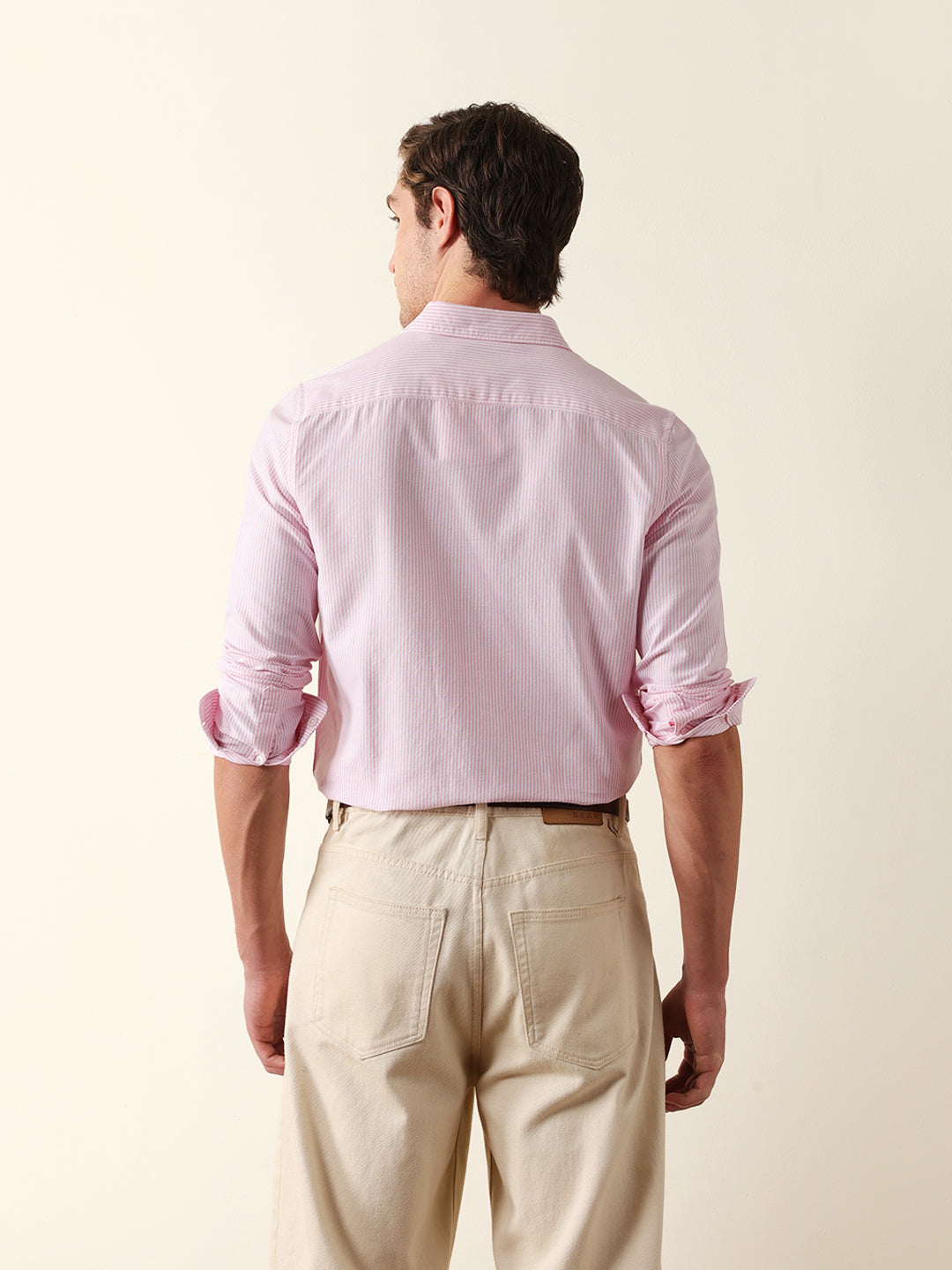 Pink & White Vertical Woven Pinstriped Slim Fit Casual Shirt
