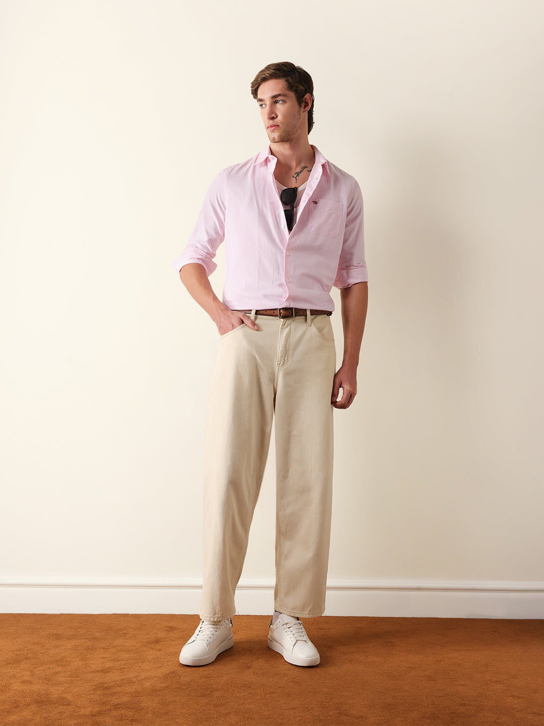Pink & White Vertical Woven Pinstriped Slim Fit Casual Shirt