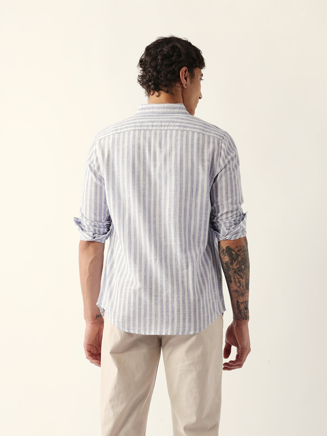 White & Blue Woven Vertical Striped Slim Fit Casual Shirt