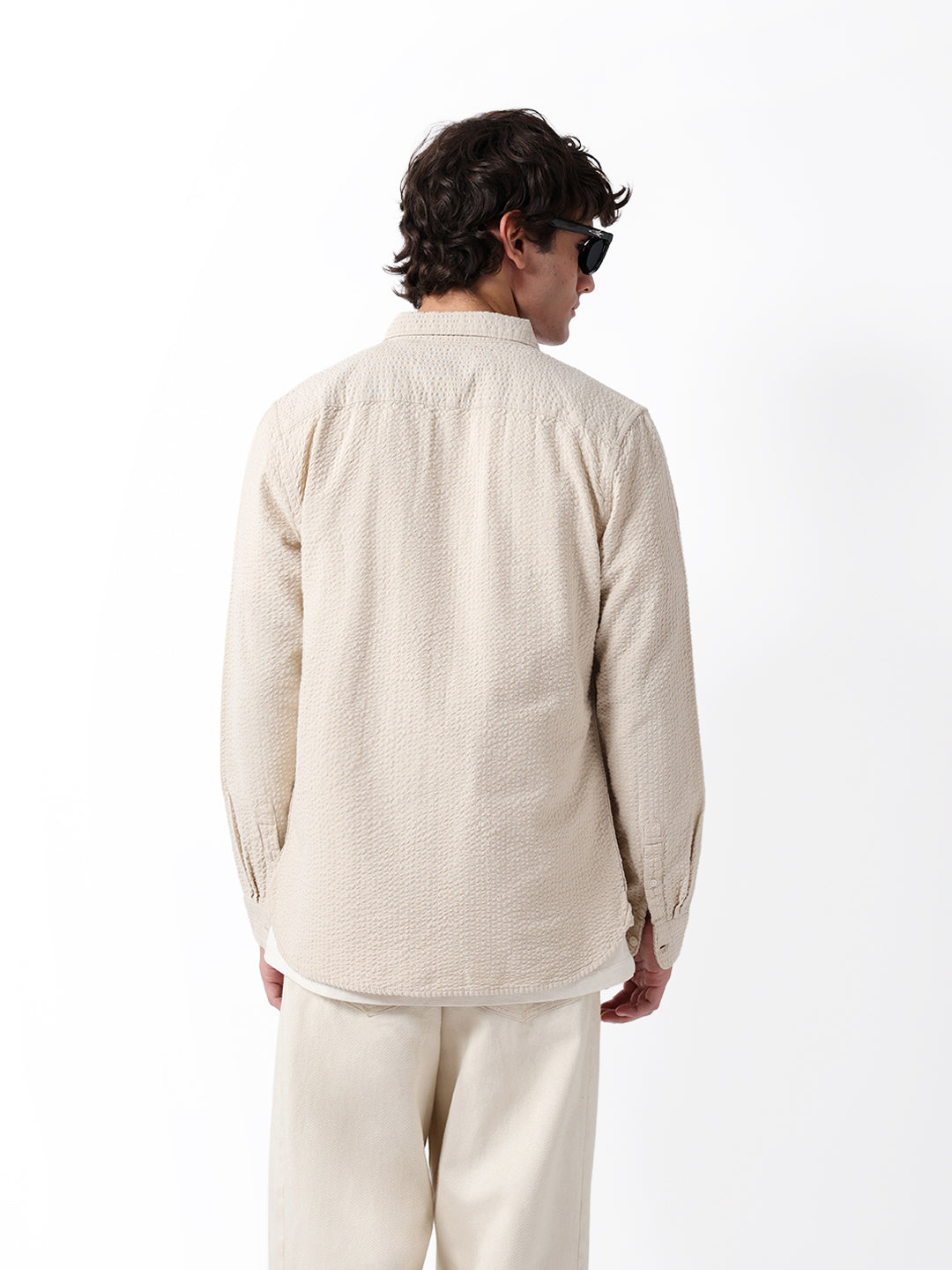 Beige Slub-Textured Woven Slim Fit Casual Shirt