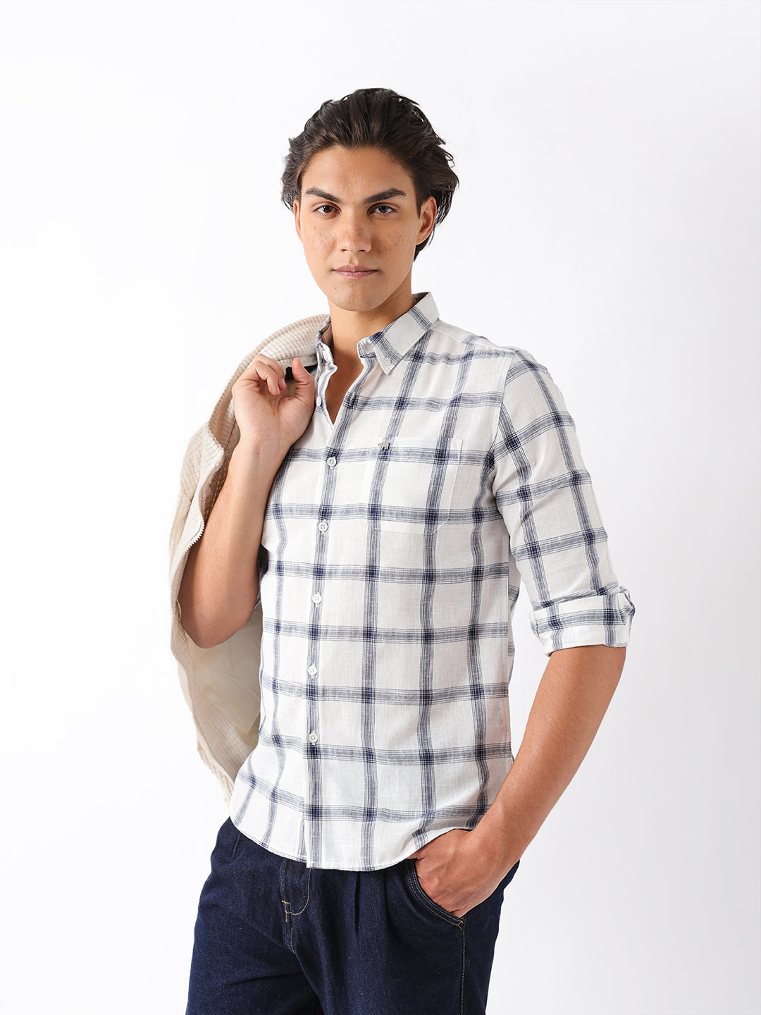 Blue & White Woven Check Slim Fit Casual Shirt