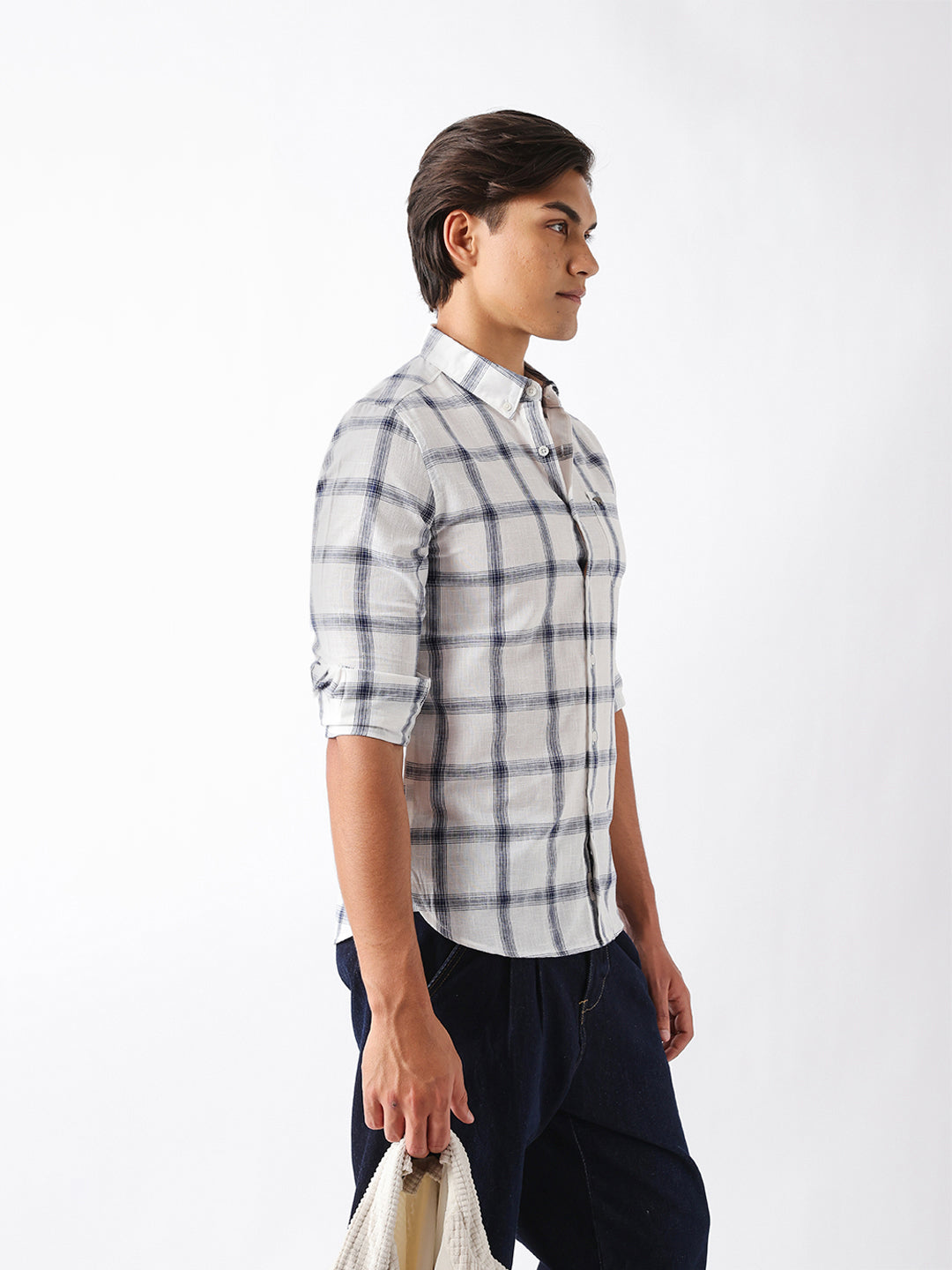 Blue & White Woven Check Slim Fit Casual Shirt