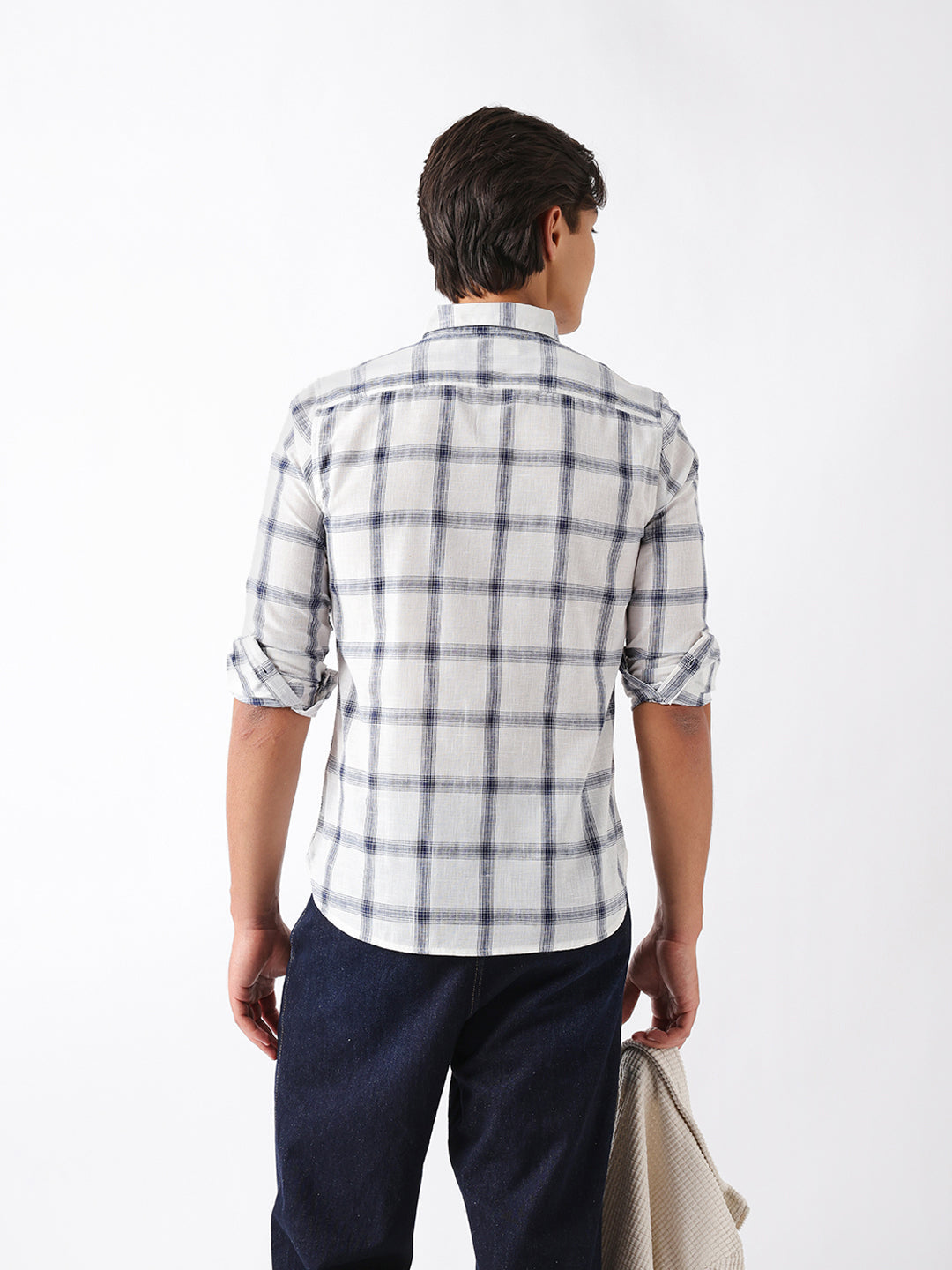 Blue & White Woven Check Slim Fit Casual Shirt