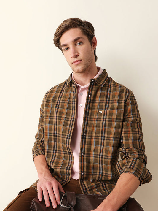 Olive Regular Fit Woven Checked Casual Shirt