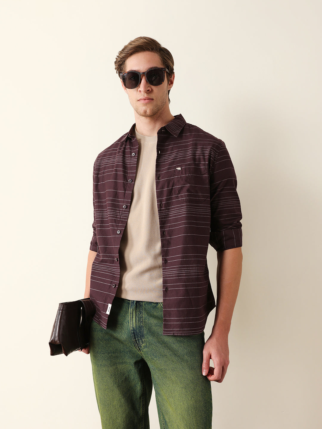 Brown Slim Fit Casual Shirt with Horizontal Woven Stripe