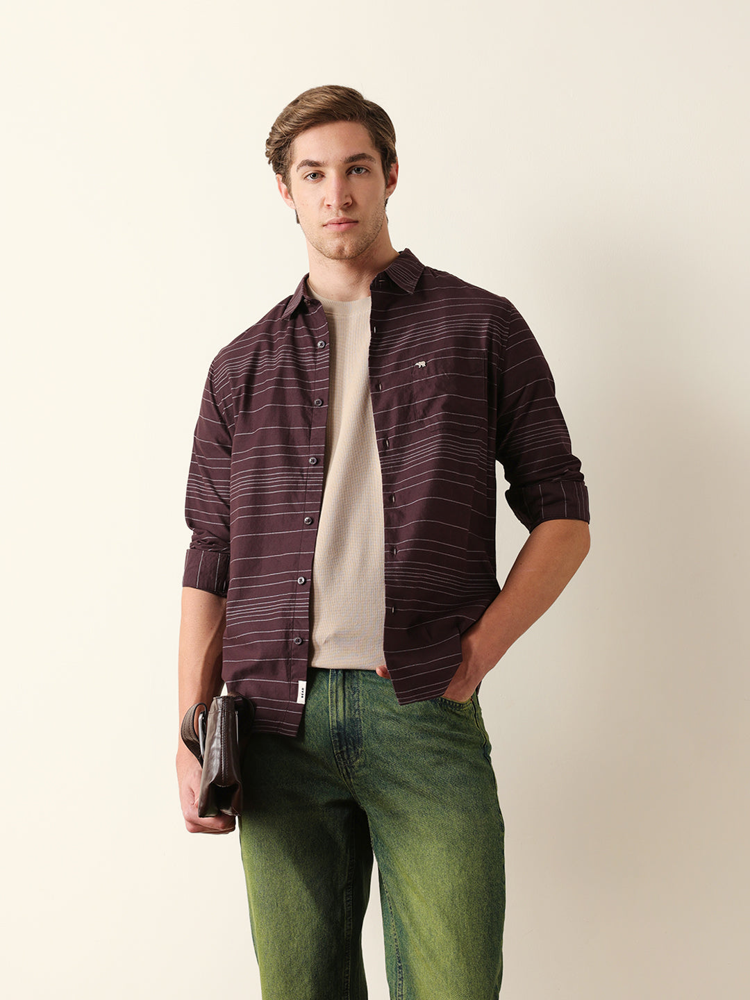 Brown Slim Fit Casual Shirt with Horizontal Woven Stripe