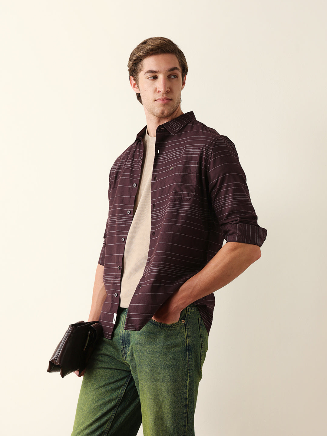 Brown Slim Fit Casual Shirt with Horizontal Woven Stripe