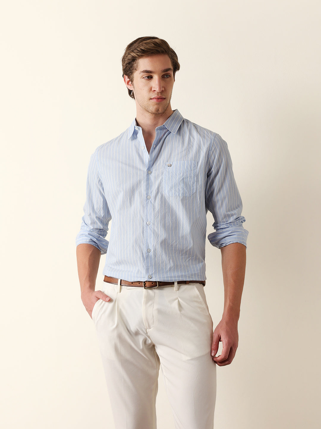 Blue Slim Fit Casual Shirt with White Vertical Stripes