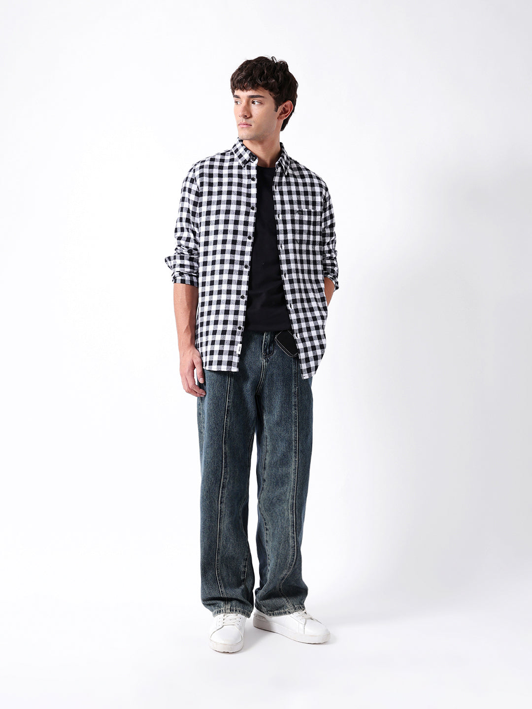 Black & White Flannel Micro-Checked Slim Fit Casual Shirt