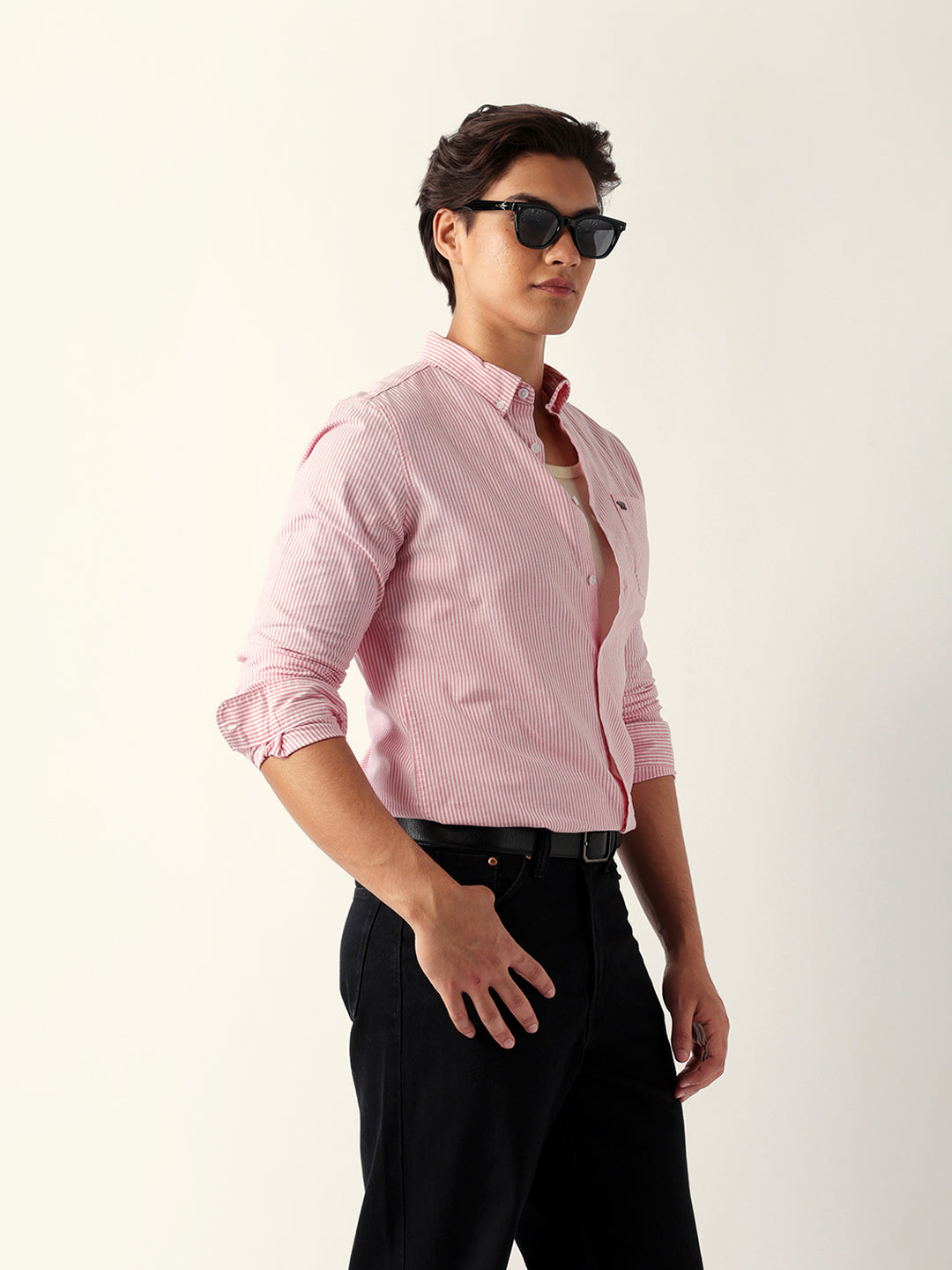 Pink & White Vertical Pinstripe Slim Fit Casual Shirt