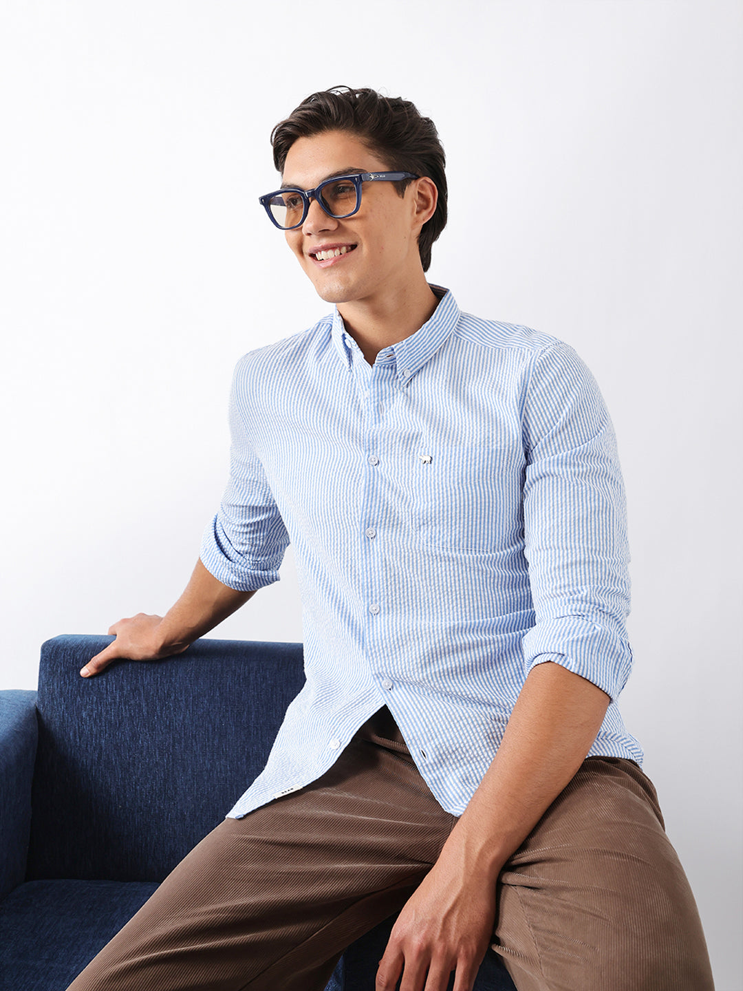 Blue & White Vertical Seersucker Pinstripe Slim Fit Casual Shirt