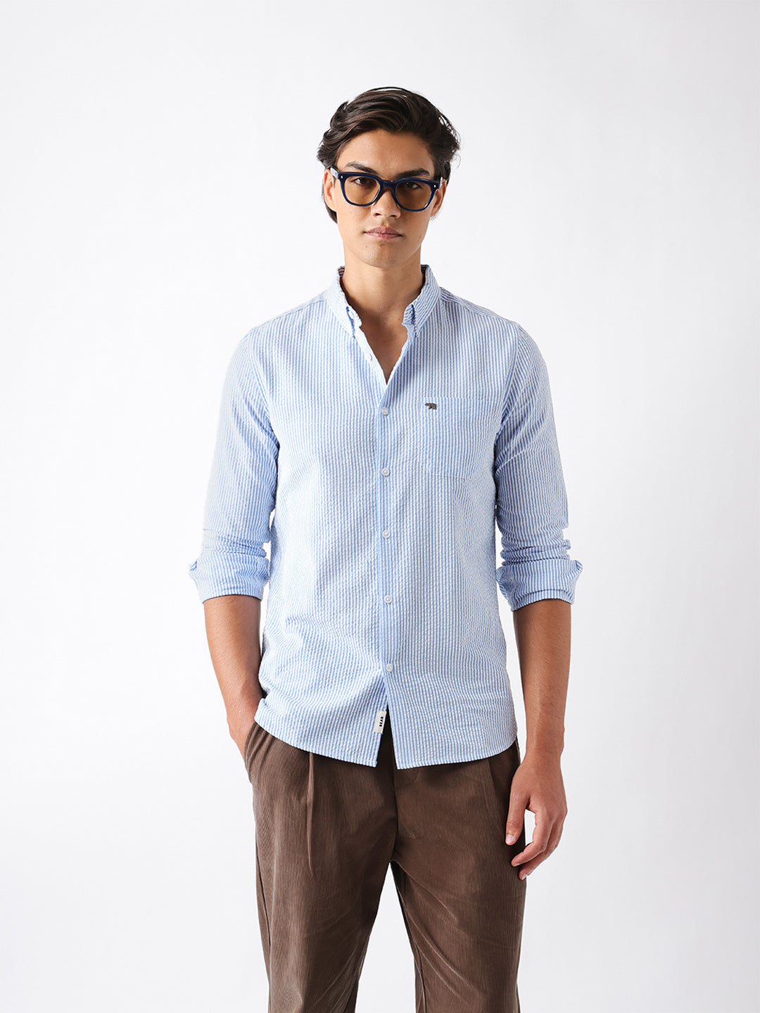 Blue & White Vertical Seersucker Pinstripe Slim Fit Casual Shirt