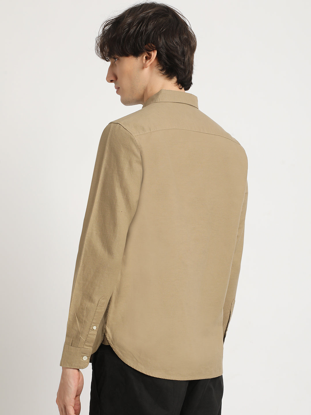 Men Beige Solid Slim Fit Cotton Casual Shirt