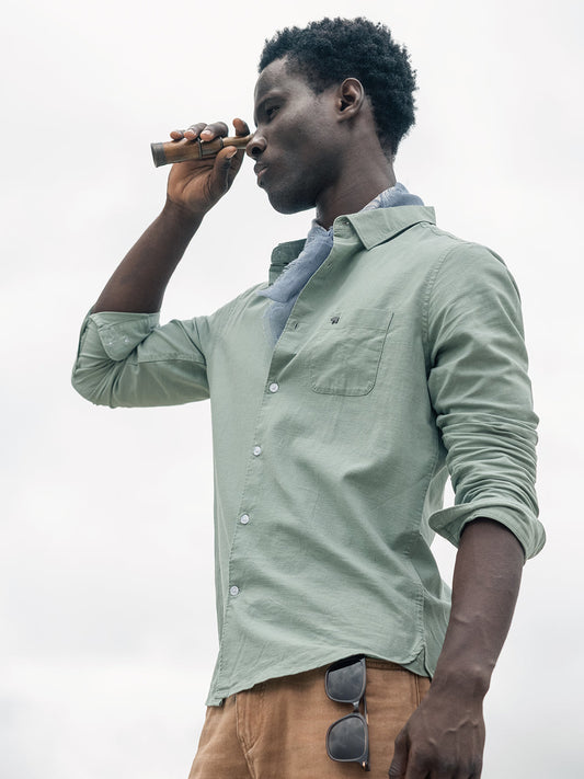 Olive Cotton Linen Slim Fit Solid Casual Shirt