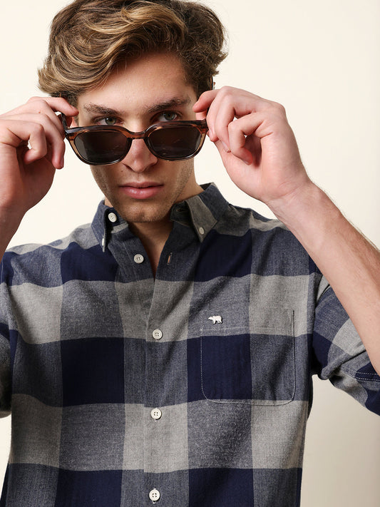 Navy Blue Herringbone Checked Design Slim Fit Casual Shirt