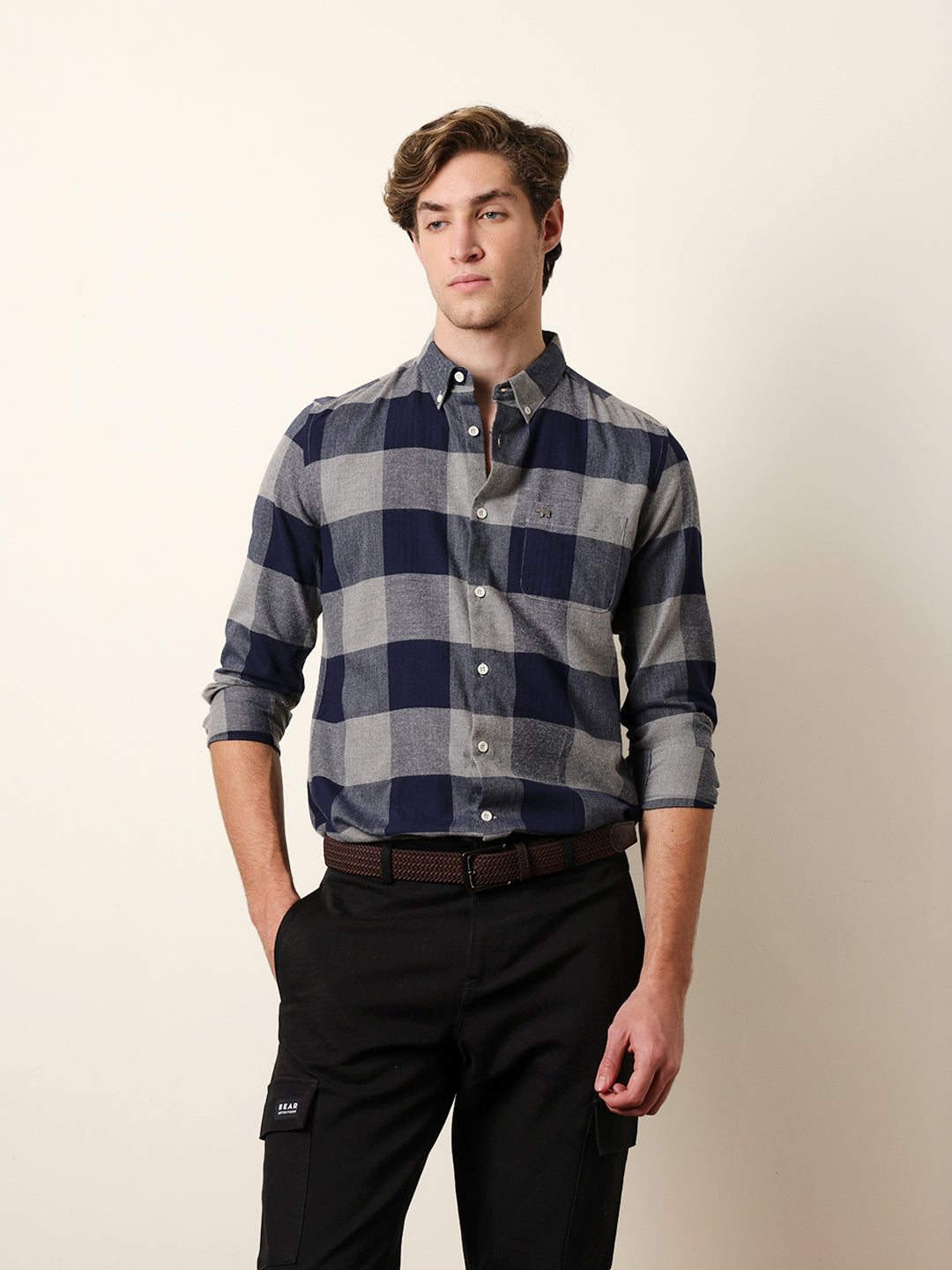 Navy Blue Herringbone Checked Design Slim Fit Casual Shirt