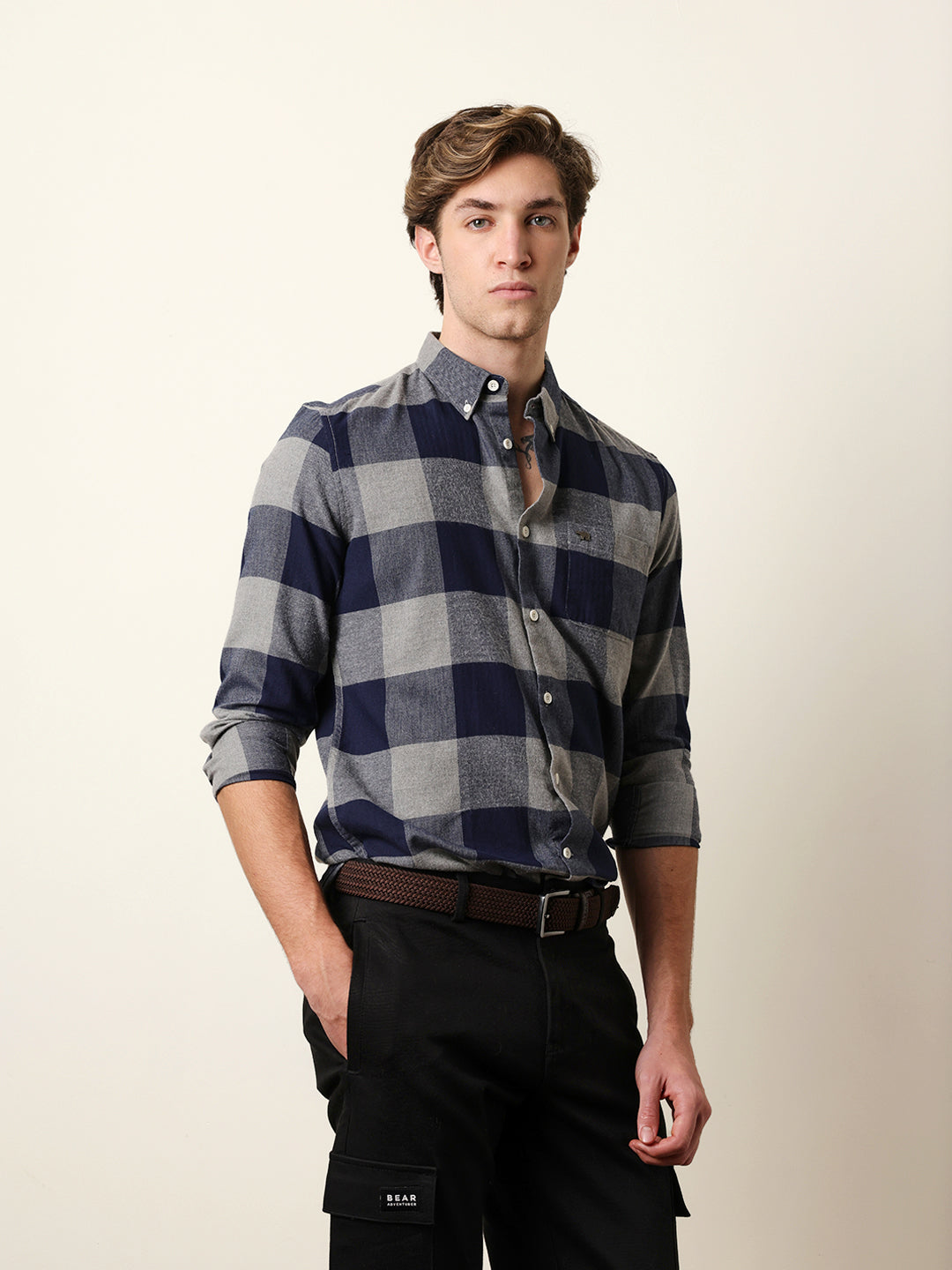 Navy Blue Herringbone Checked Design Slim Fit Casual Shirt