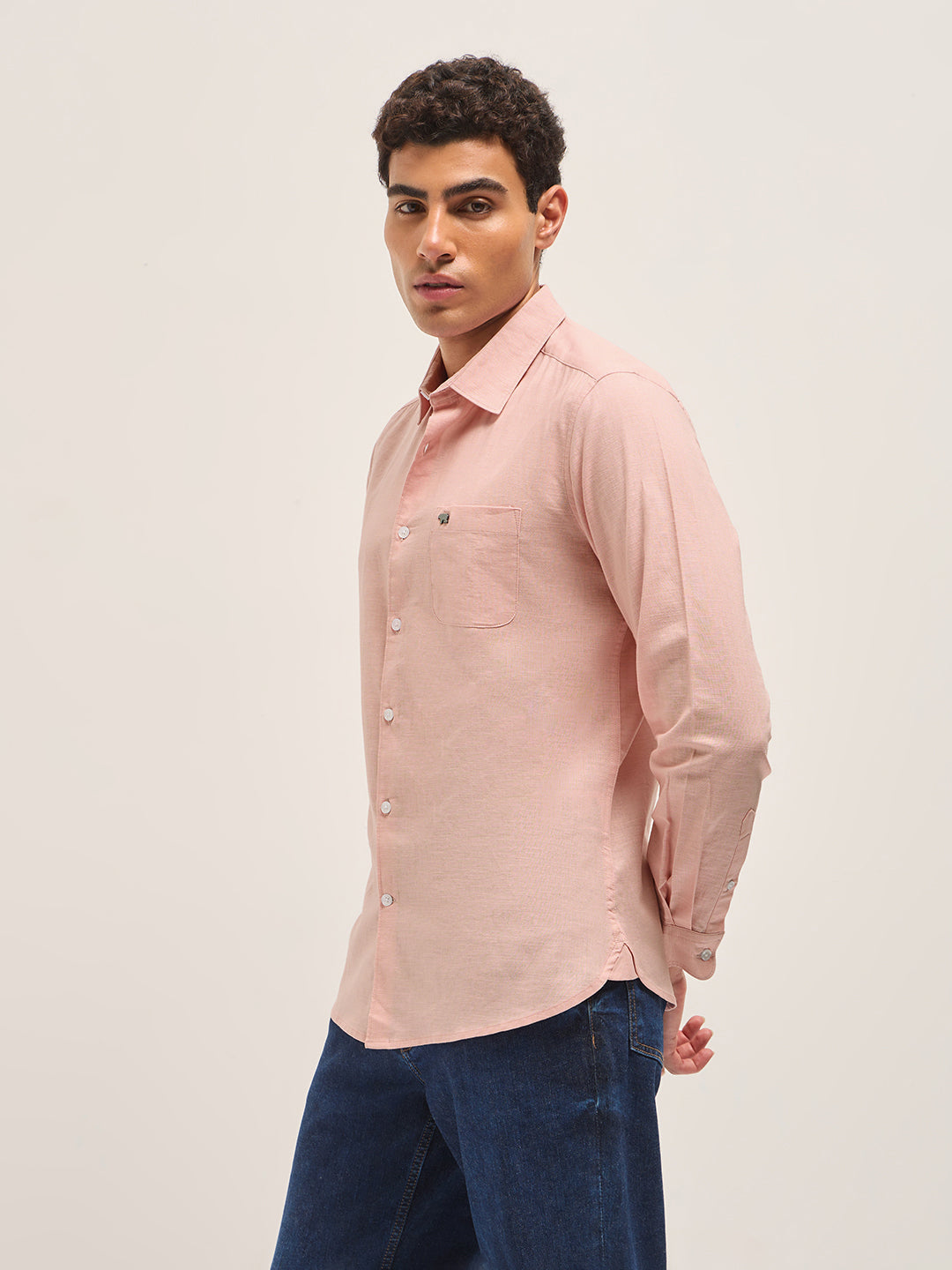 Pink Cotton Linen Slim Fit Solid Casual Shirt