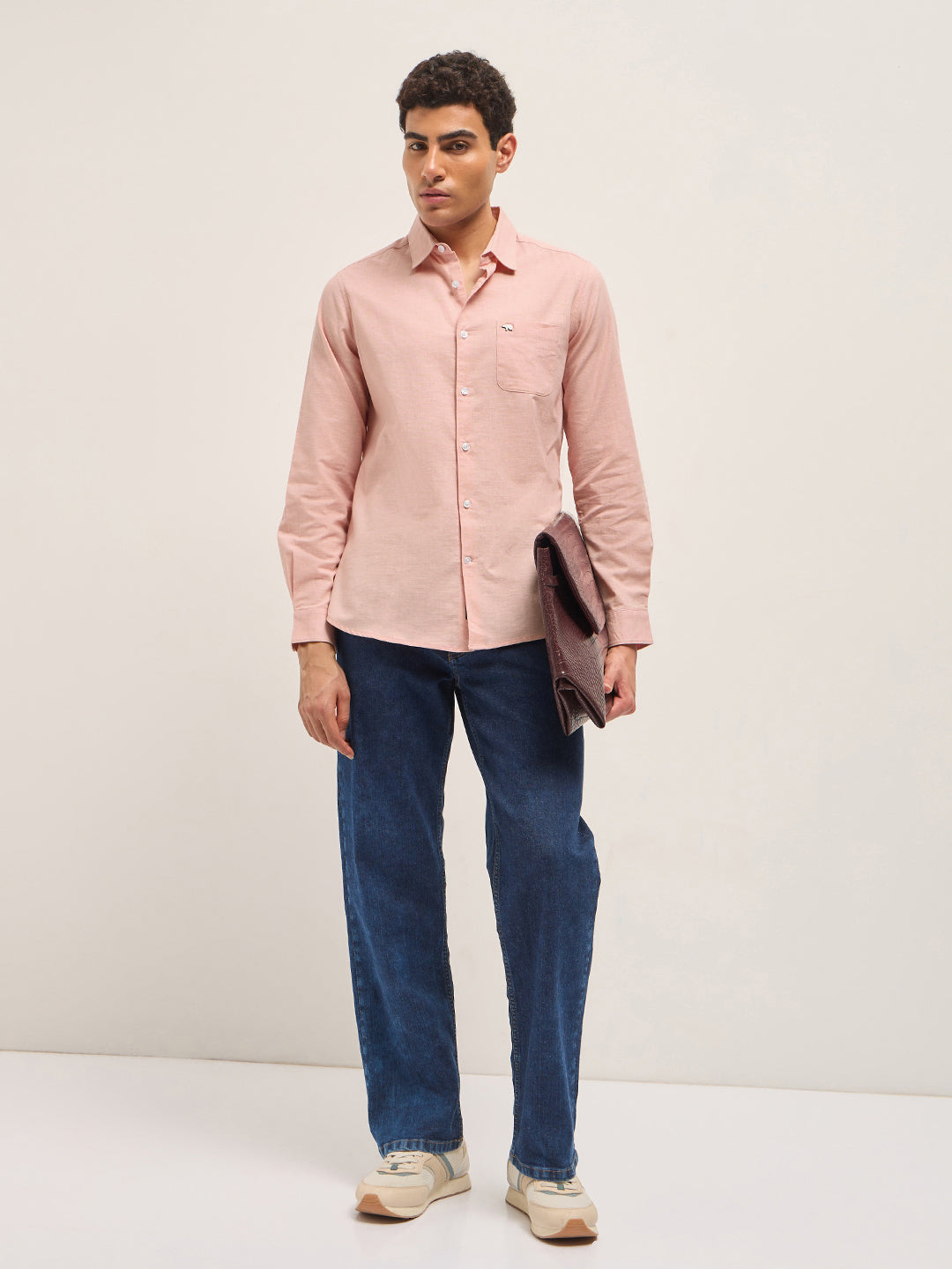 Pink Cotton Linen Slim Fit Solid Casual Shirt