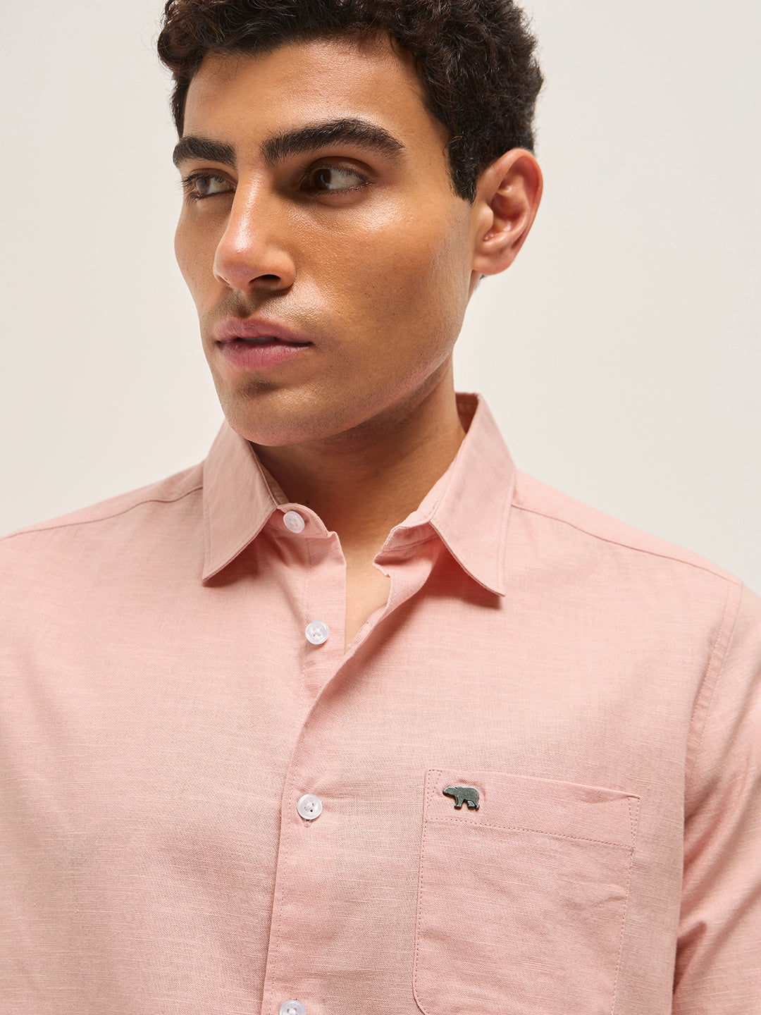 Pink Cotton Linen Slim Fit Solid Casual Shirt