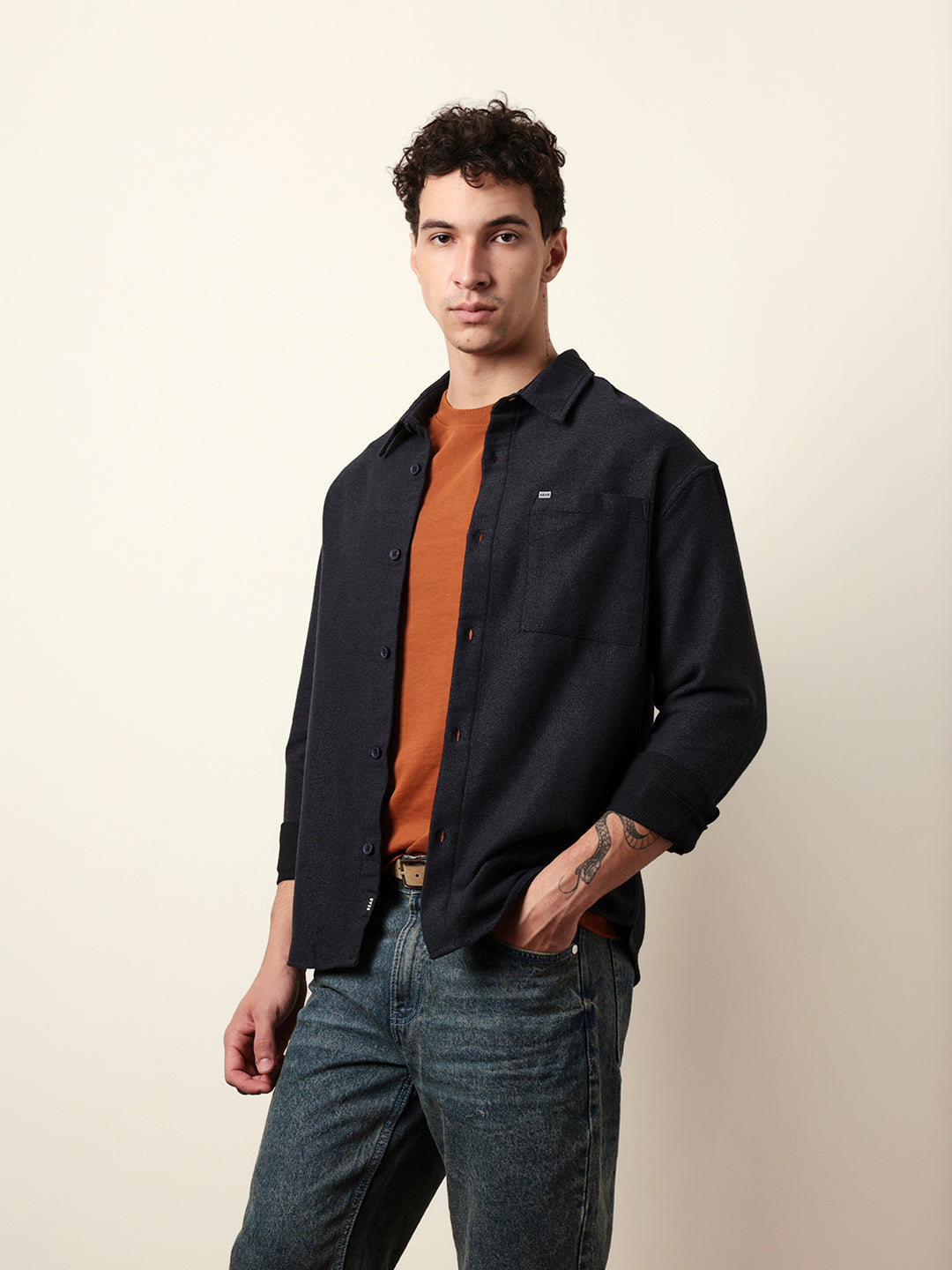 Dark Blue Textured Crepe Relaxed Fit Overshirt