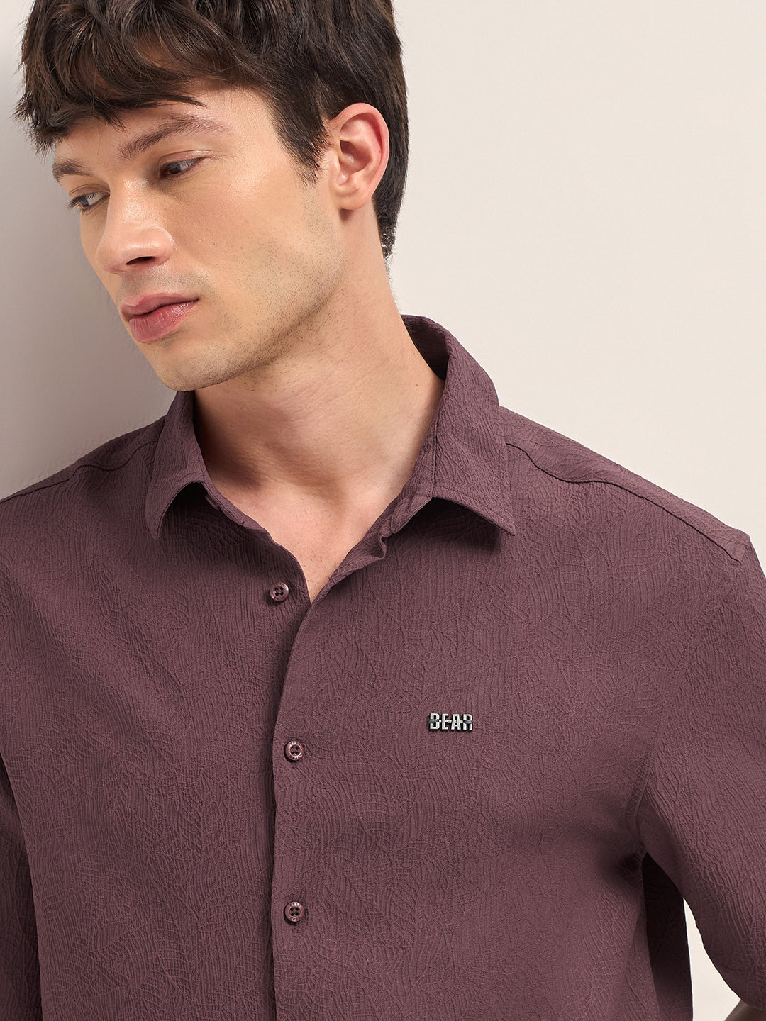 Maroon All-Over Textured Leaf Motif Oversized Casual Shirt with Half Sleeves