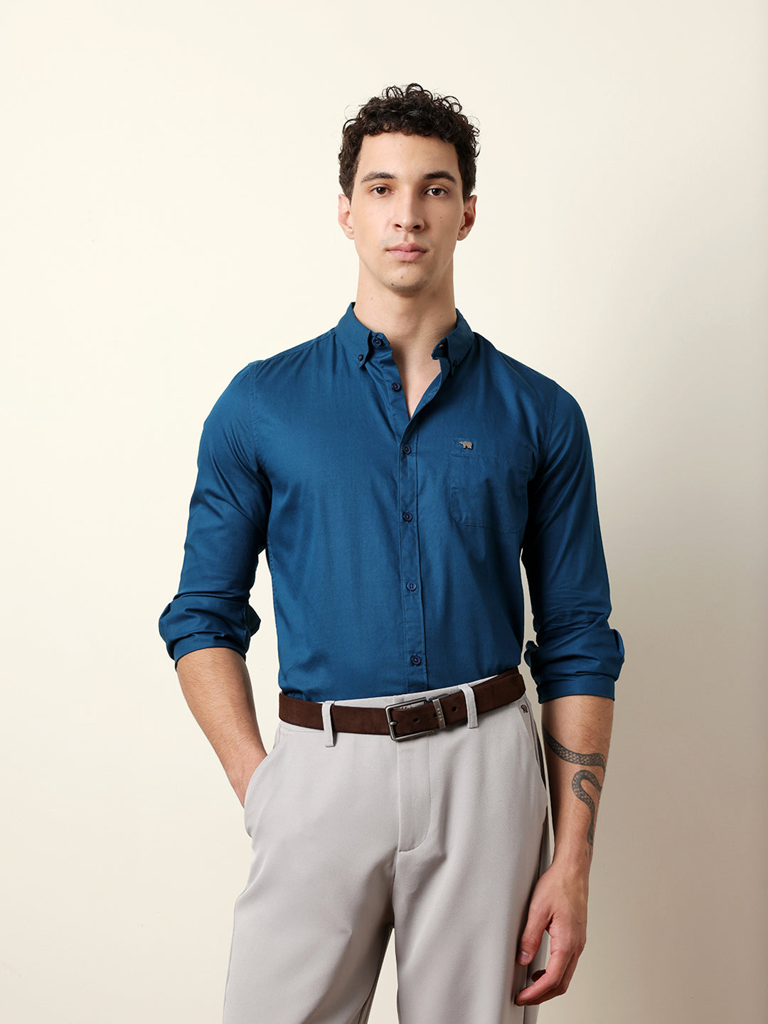 Teal Solid Cotton Slim Fit Casual Shirt