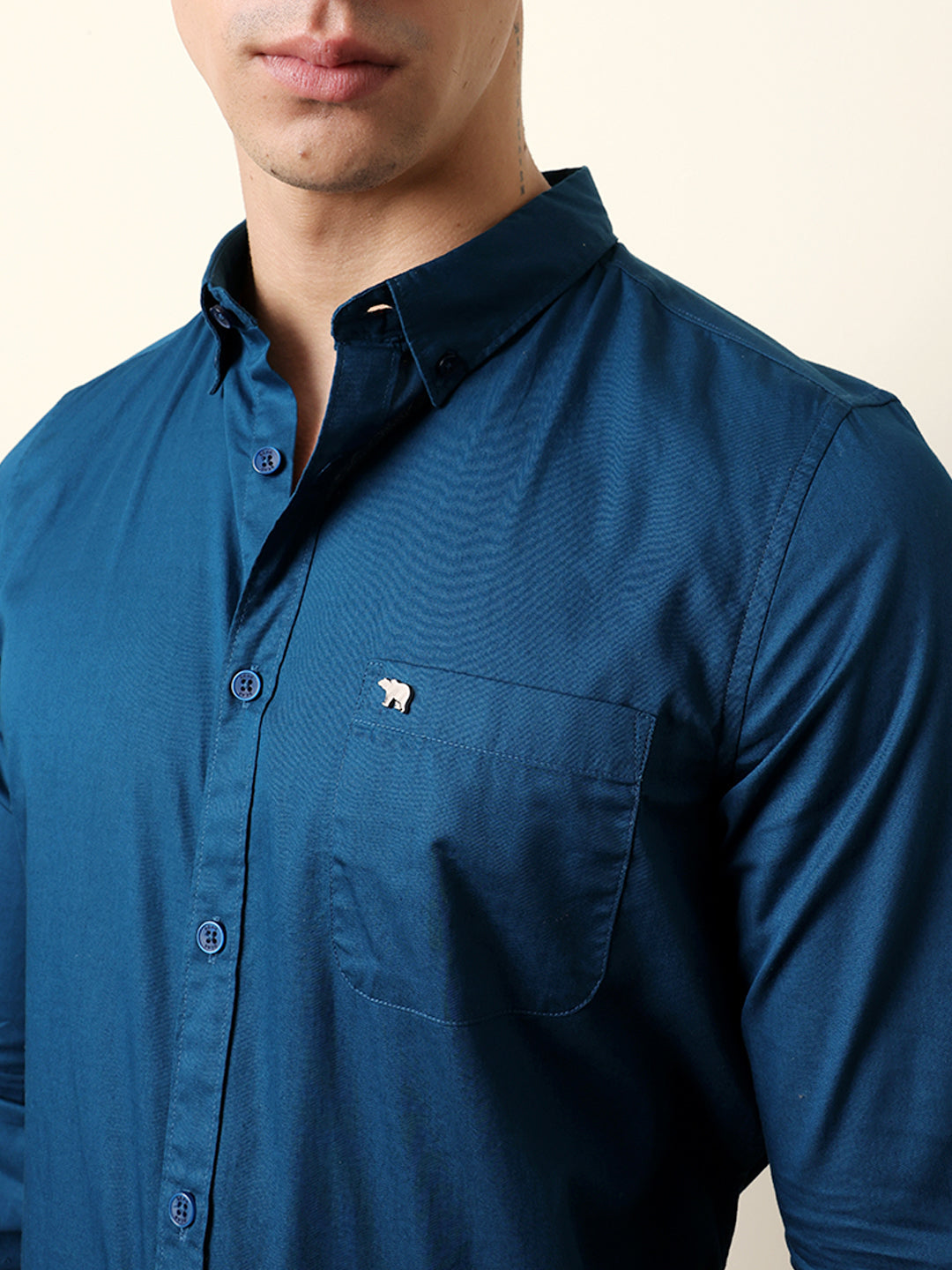 Teal Solid Cotton Slim Fit Casual Shirt