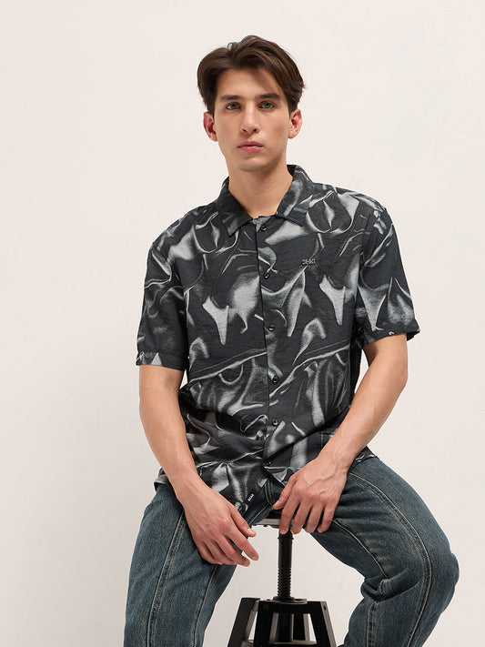 Black Digital Print Relaxed Fit Casual Shirt in Nylon Viscose