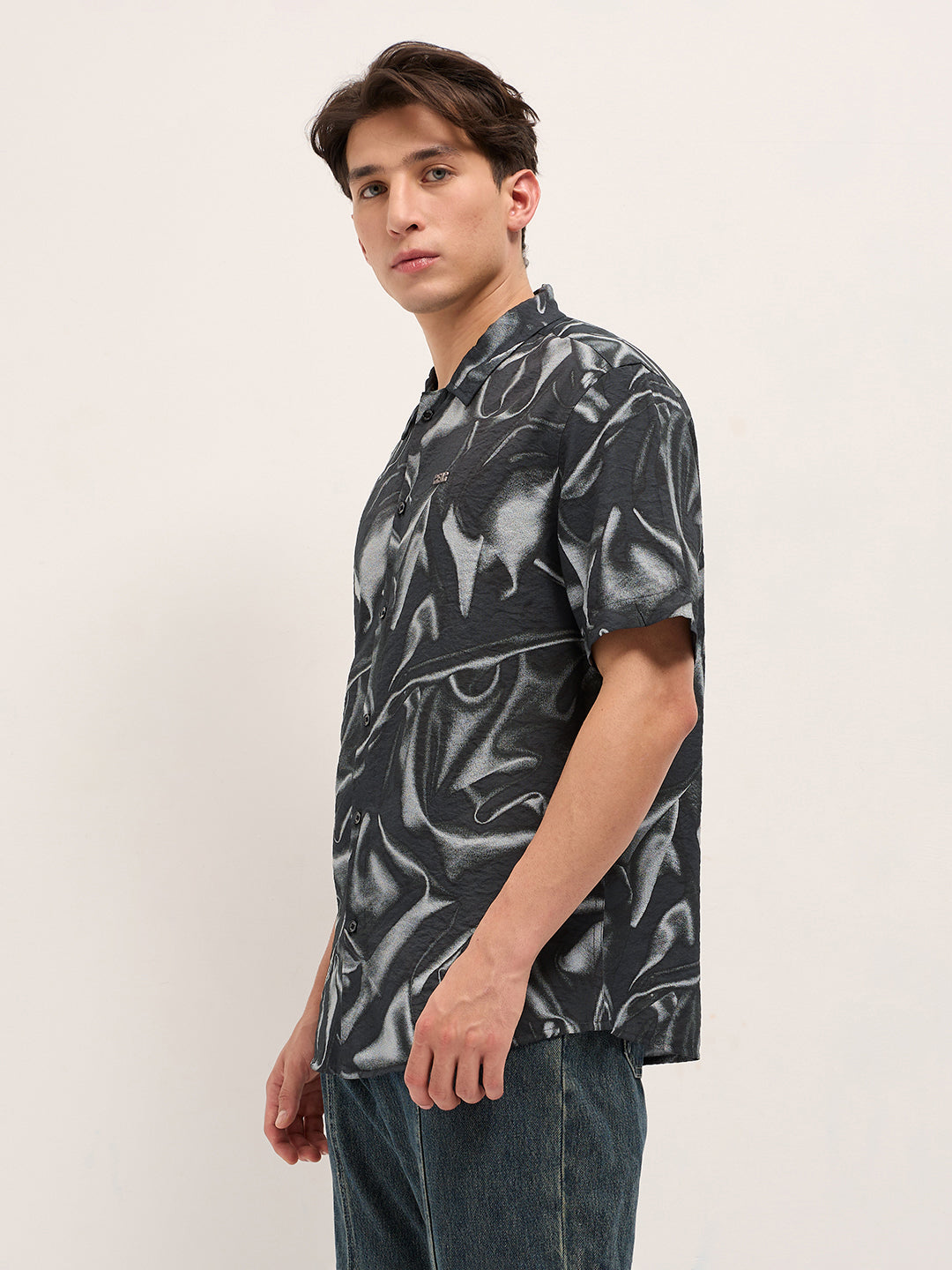 Black Digital Print Relaxed Fit Casual Shirt in Nylon Viscose