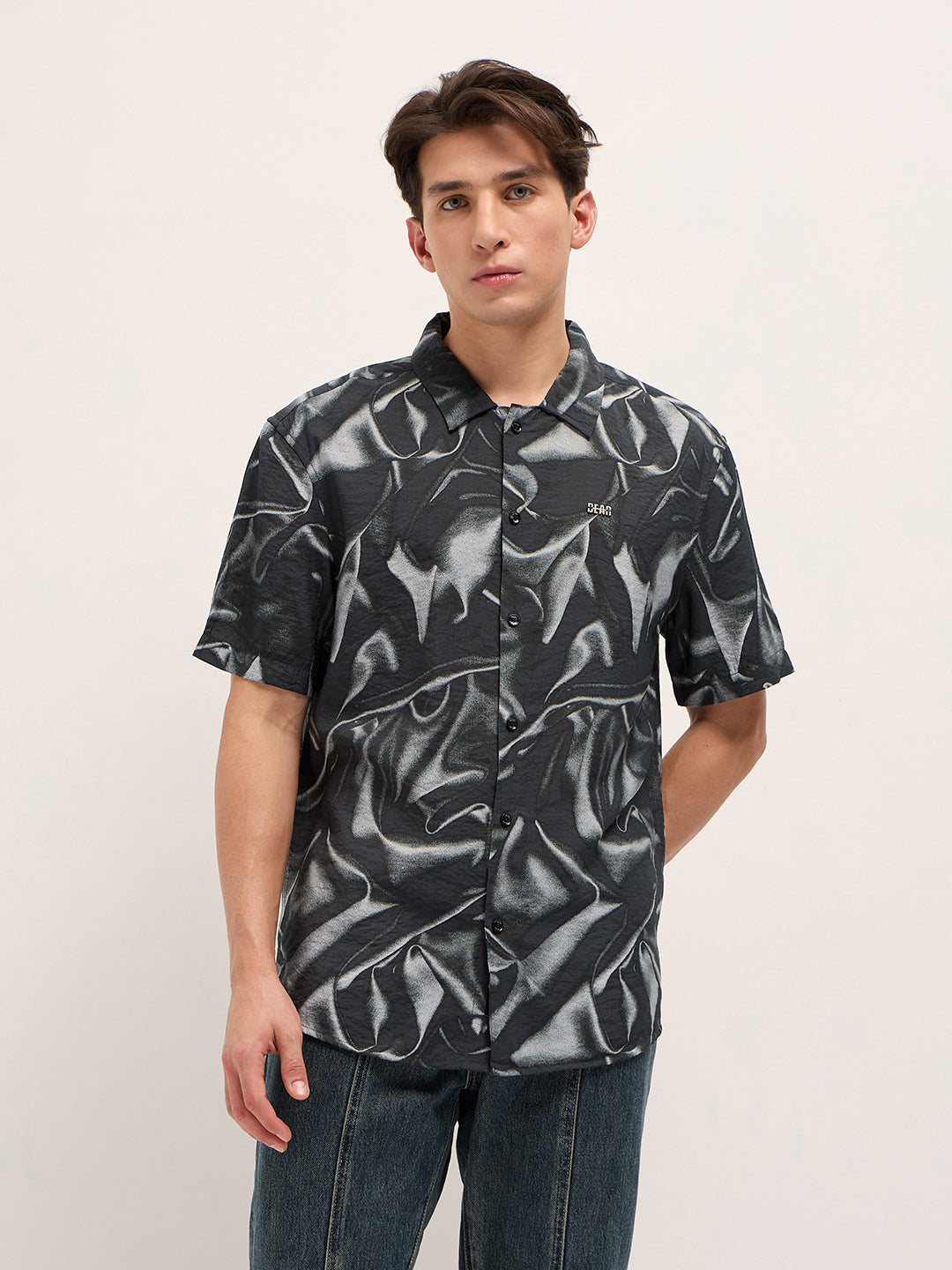 Black Digital Print Relaxed Fit Casual Shirt in Nylon Viscose