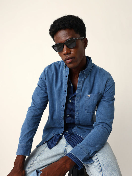 Blue Denim Slim Fit Casual Shirt with Button-Down Collar