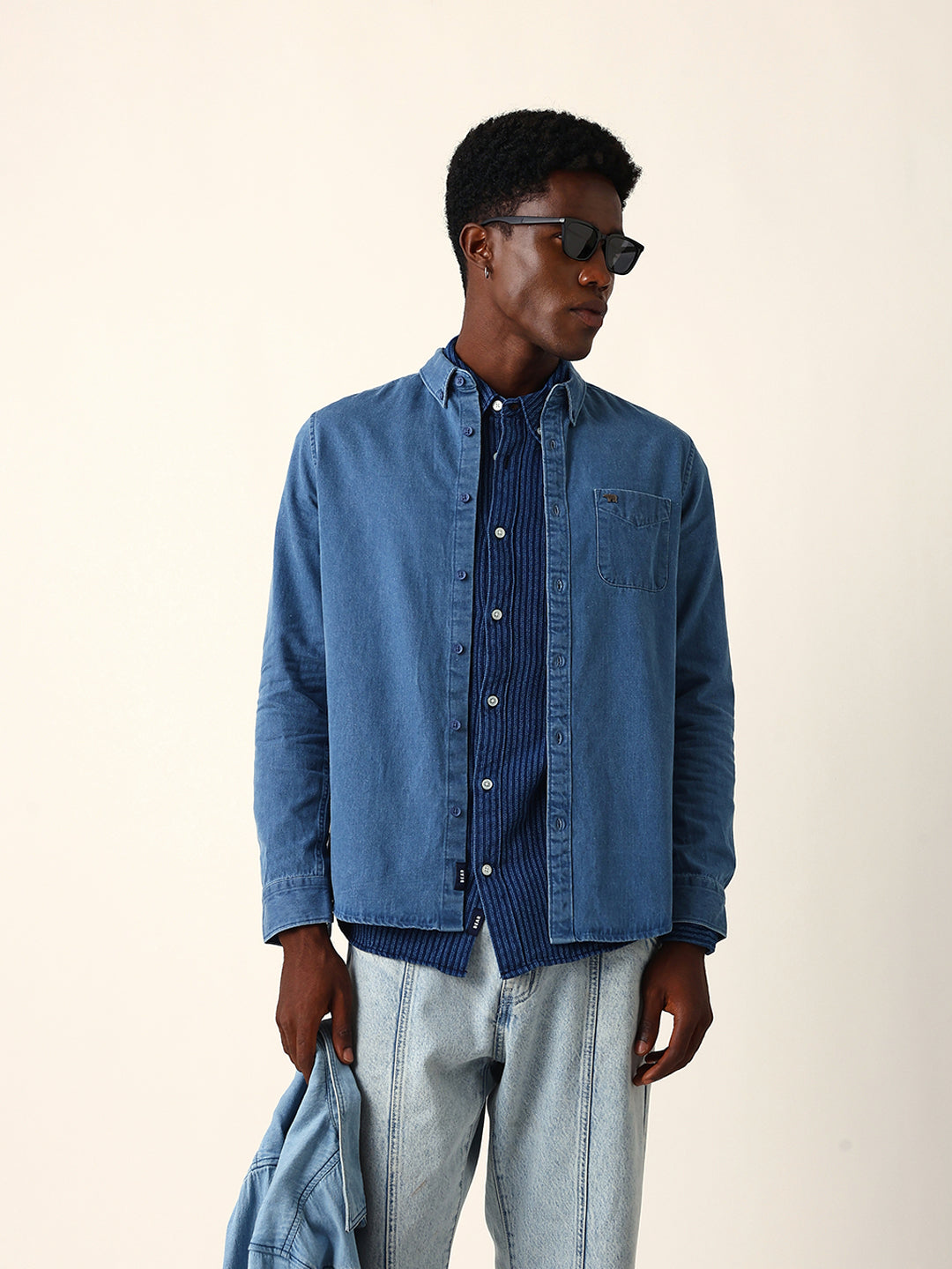 Blue Denim Slim Fit Casual Shirt with Button-Down Collar