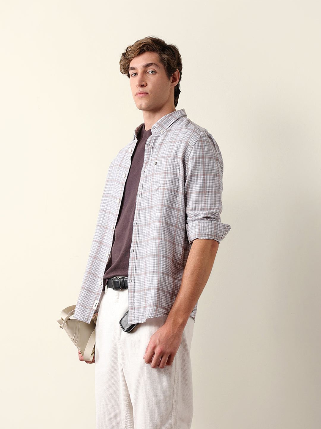 Grey Woven Micro-Checked Slim Fit Casual Shirt