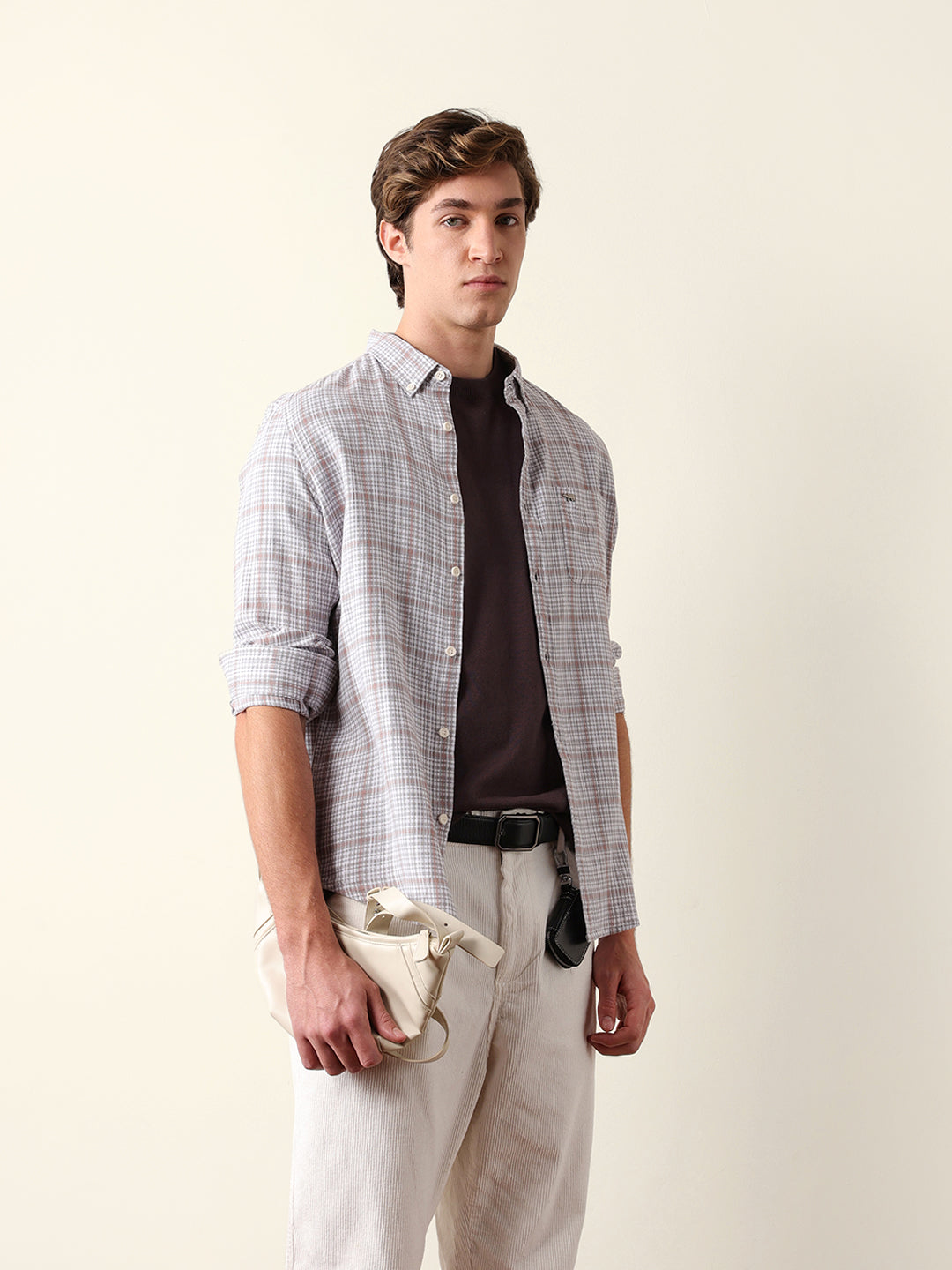 Grey Woven Micro-Checked Slim Fit Casual Shirt