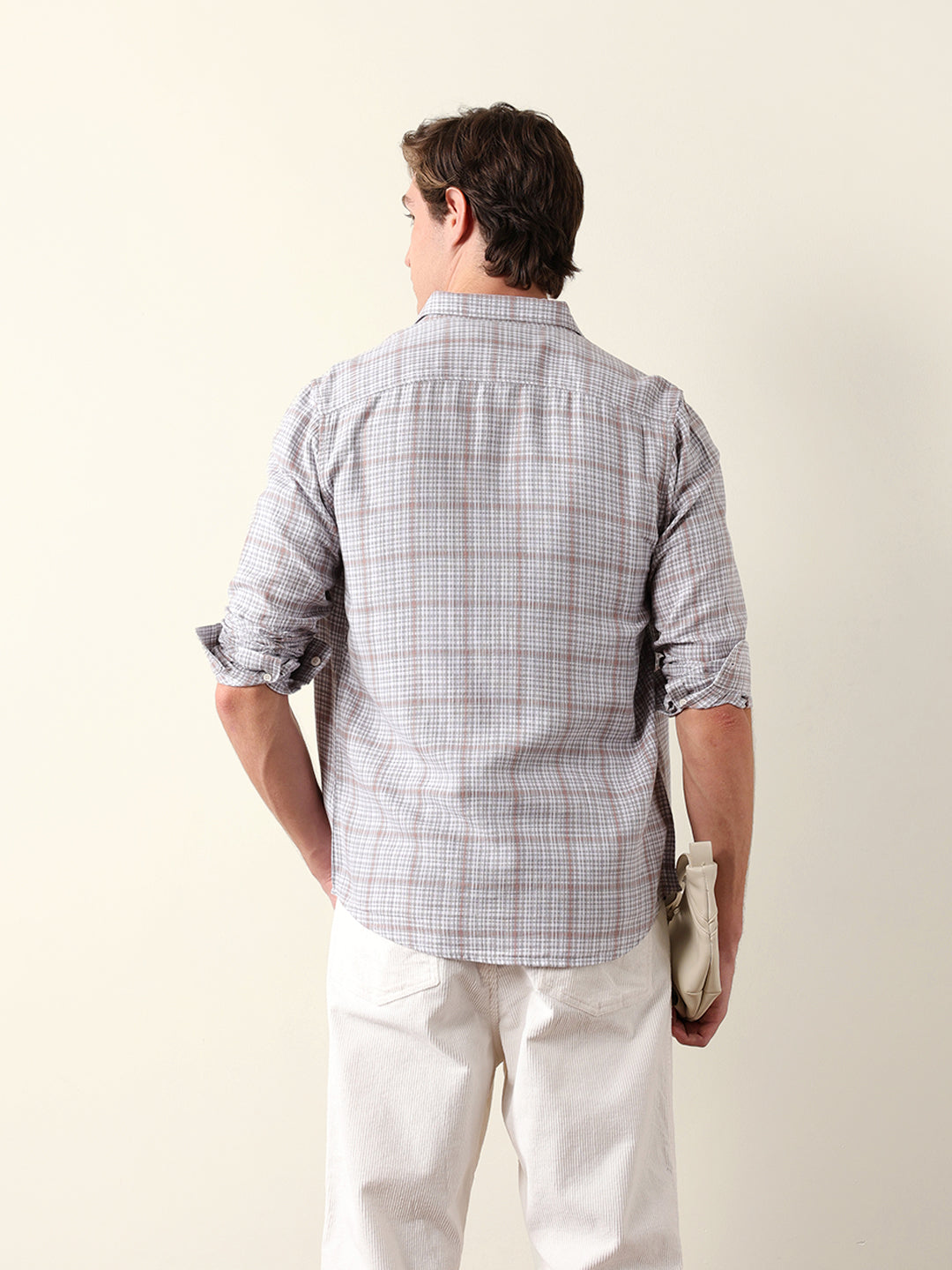 Grey Woven Micro-Checked Slim Fit Casual Shirt