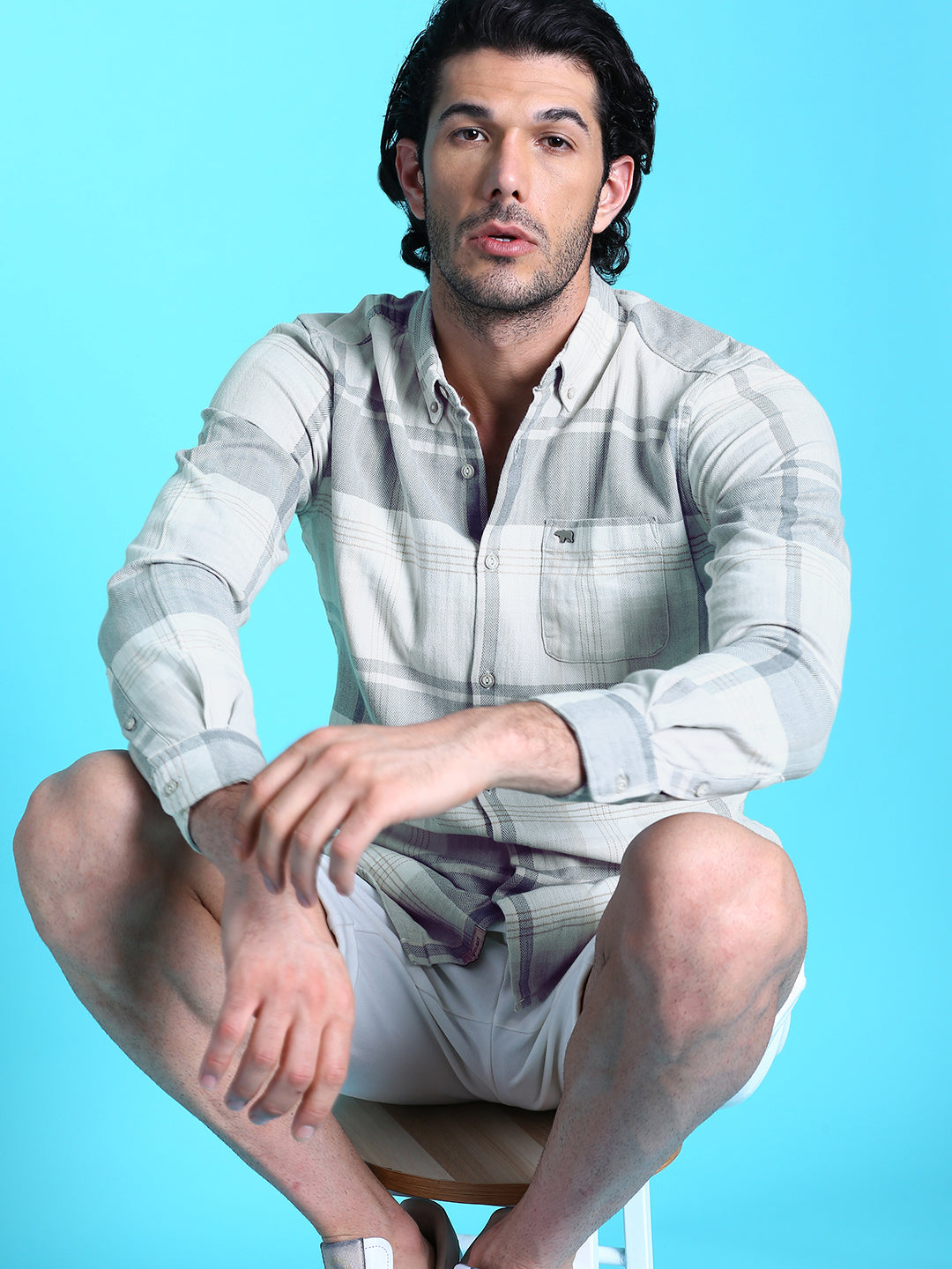 Men Slim Cream & Grey Checked Shirt