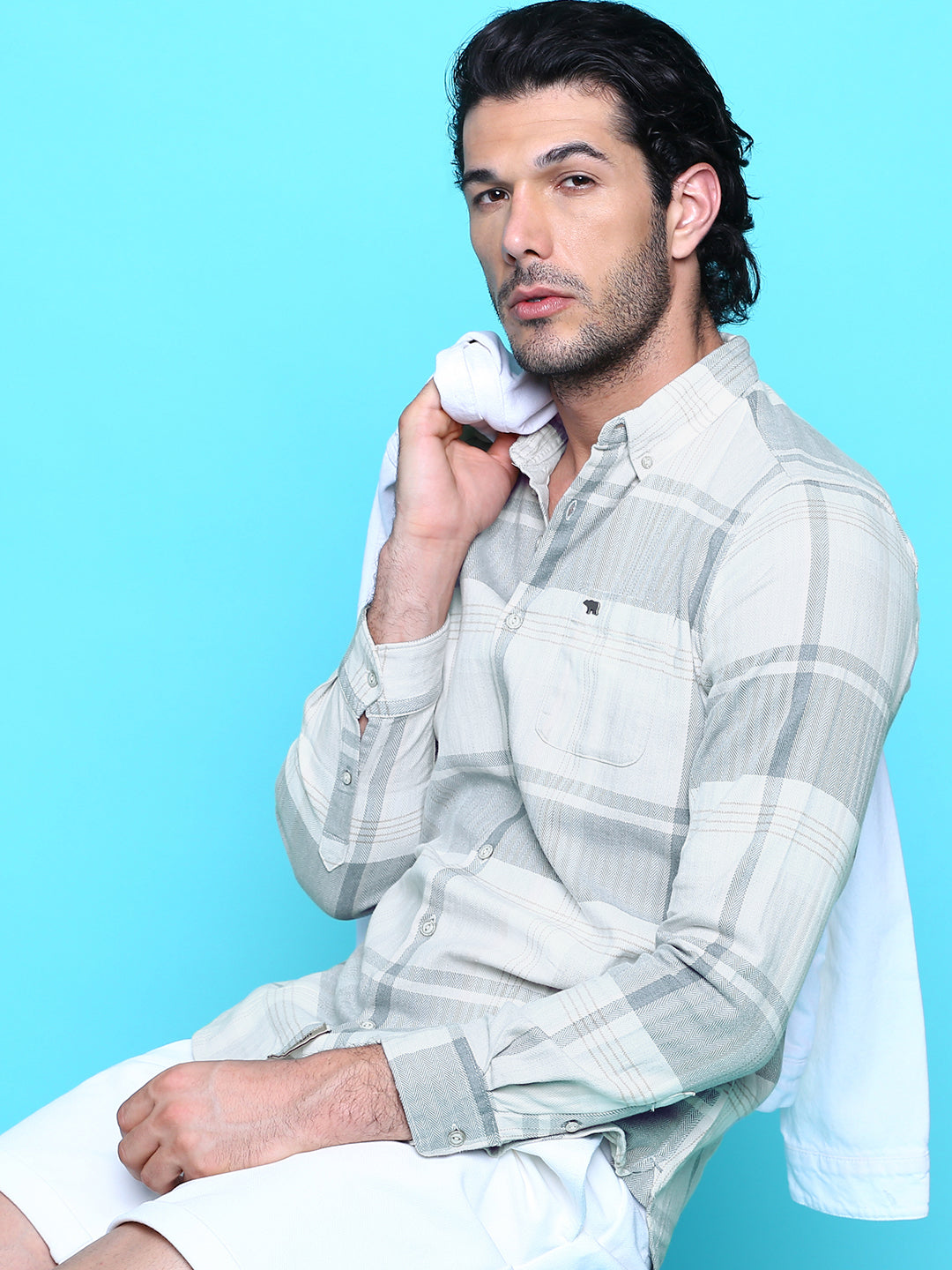 Men Slim Cream & Grey Checked Shirt