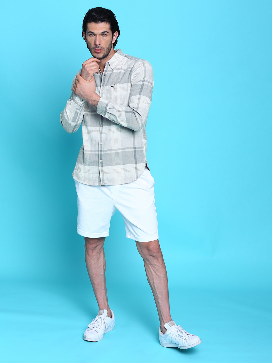 Men Slim Cream & Grey Checked Shirt