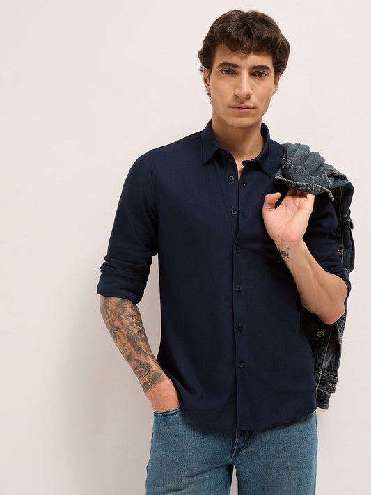 Navy Blue Woven Textured Regular Fit Casual Shirt