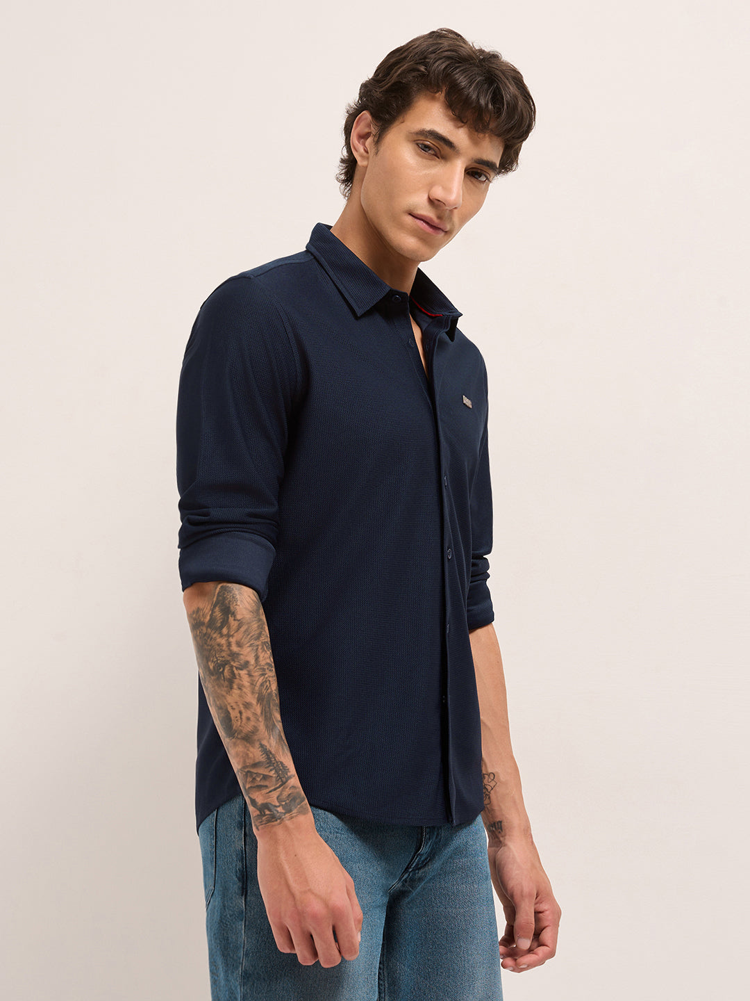 Navy Blue Woven Textured Regular Fit Casual Shirt