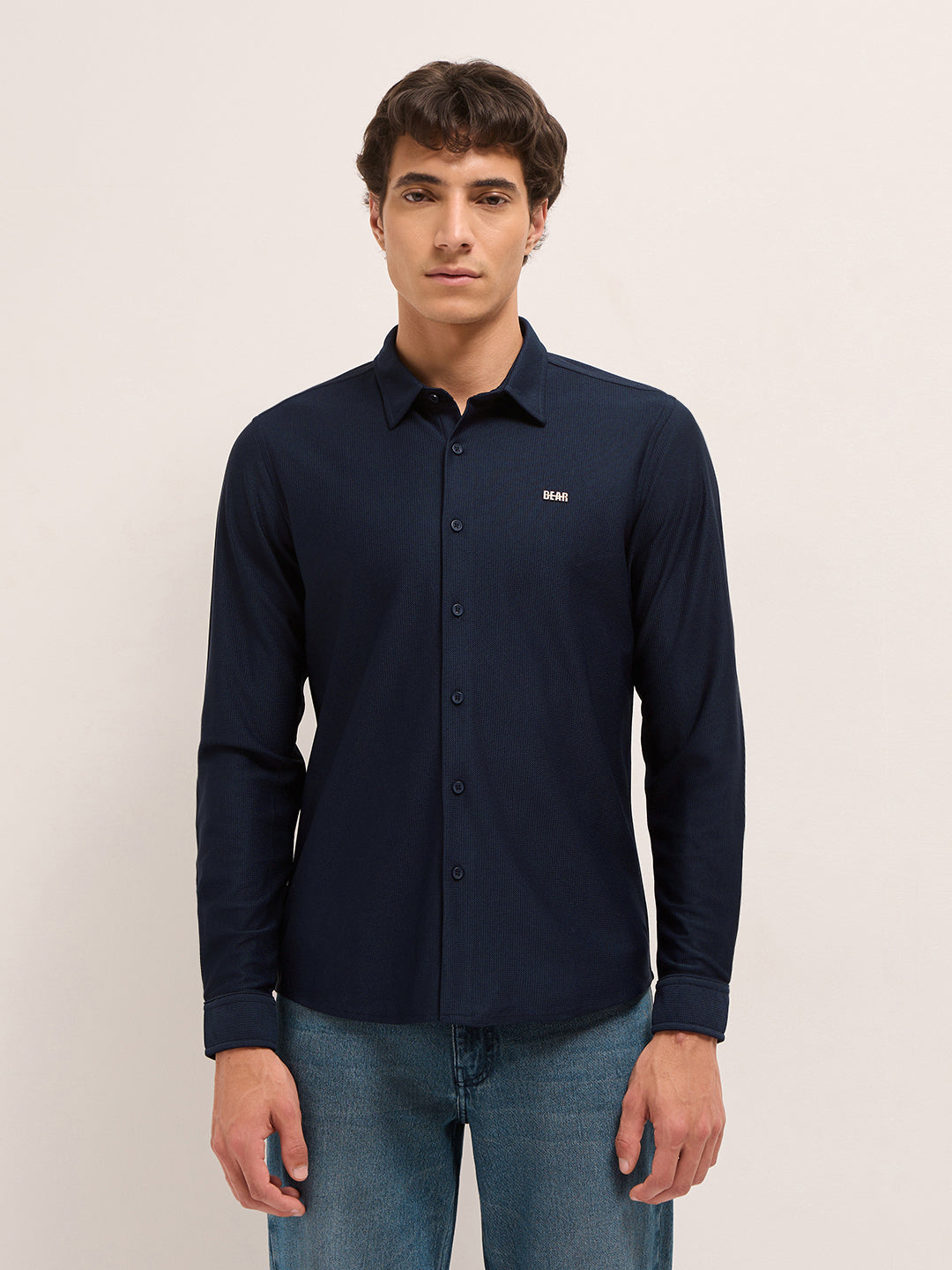 Navy Blue Woven Textured Regular Fit Casual Shirt