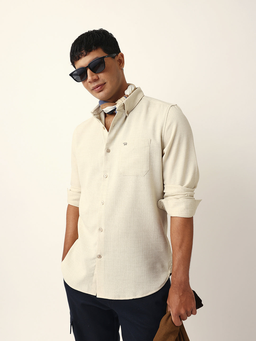Cream Slub-Textured Woven Slim Fit Casual Shirt