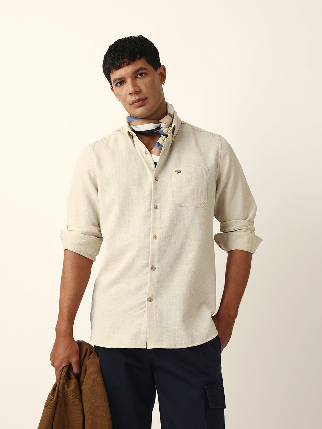 Cream Slub-Textured Woven Slim Fit Casual Shirt