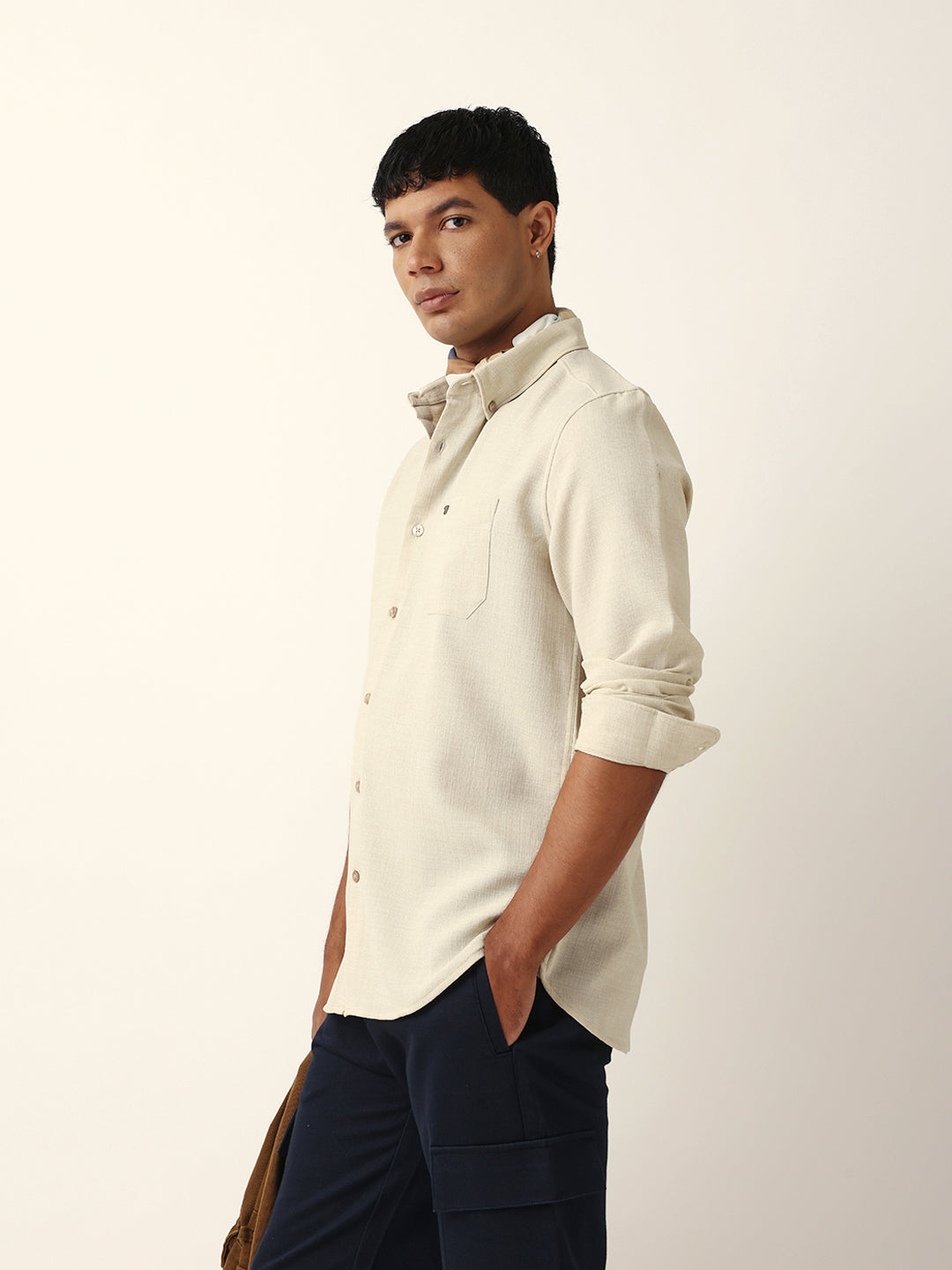 Cream Slub-Textured Woven Slim Fit Casual Shirt