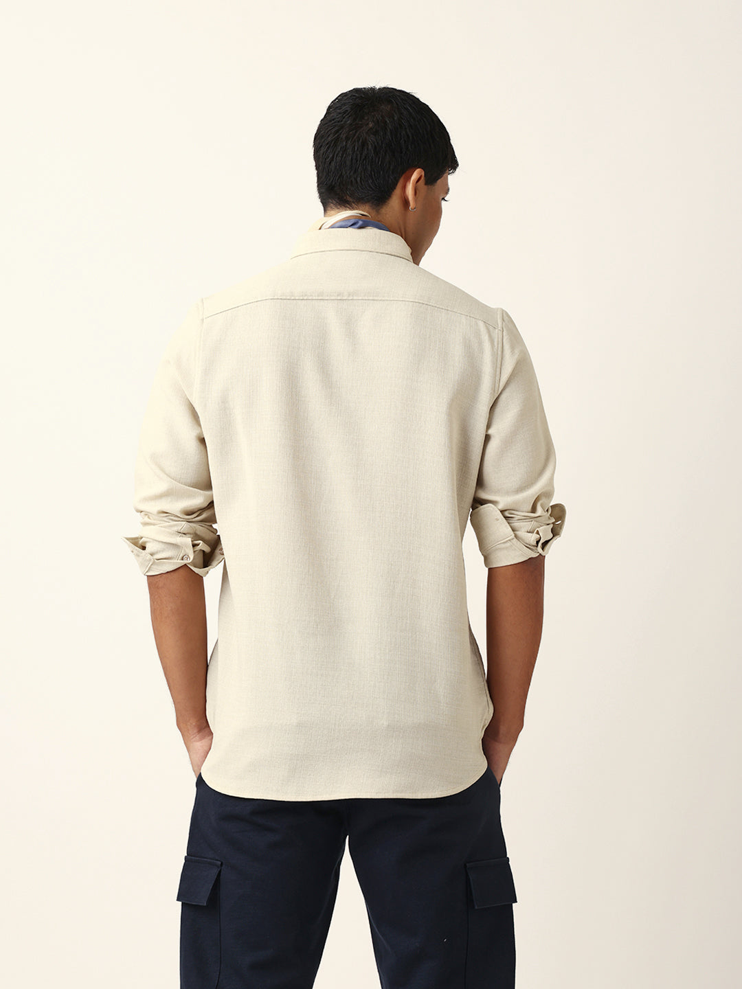 Cream Slub-Textured Woven Slim Fit Casual Shirt