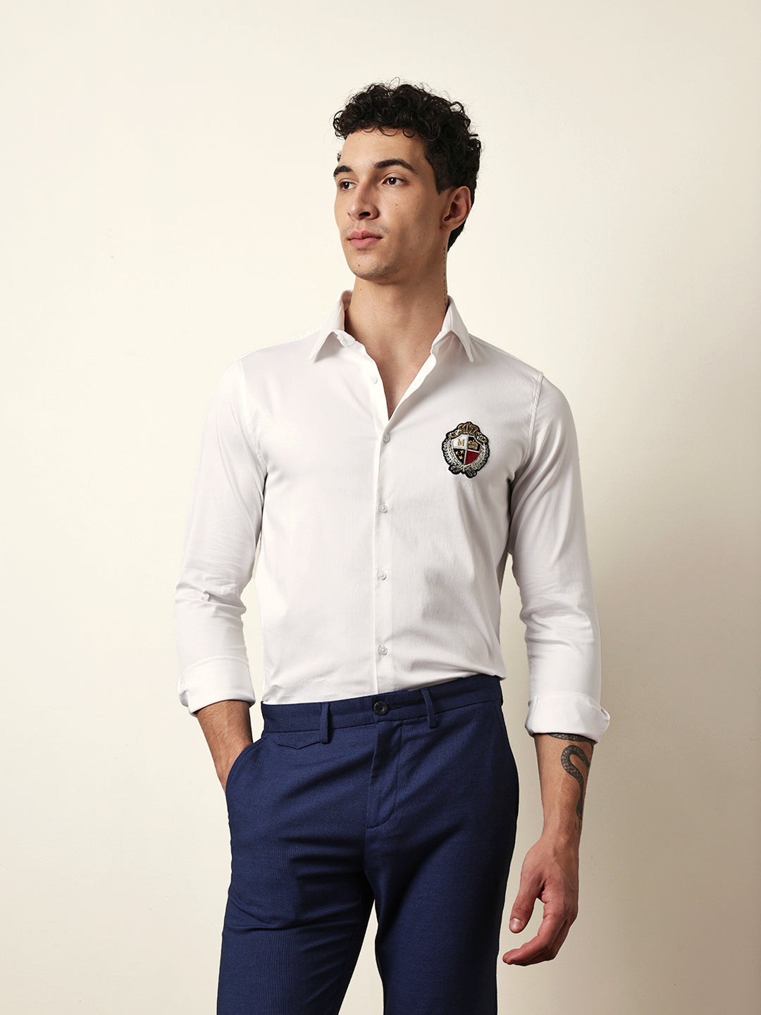 White Tailored Fit Classic Crest Embroidery Formal Party Shirt