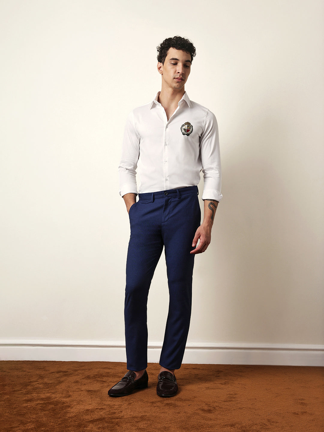 White Tailored Fit Classic Crest Embroidery Formal Party Shirt